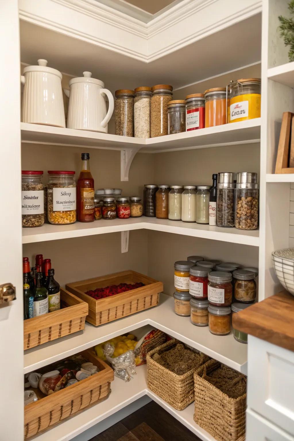 Corner shelving maximizes utility in even the most difficult nooks.