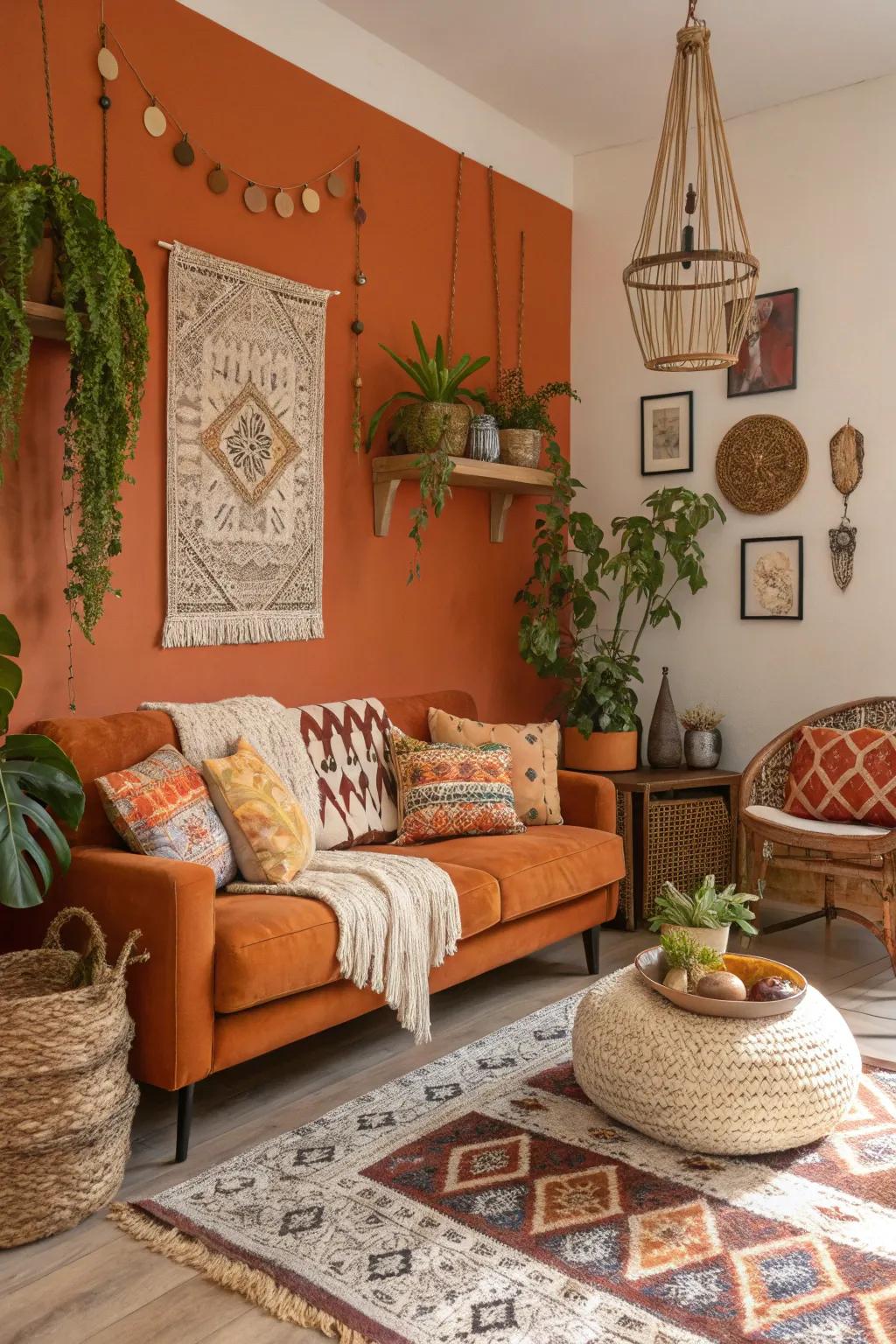 Orange and bohemian features create a welcoming living room packed with personality.