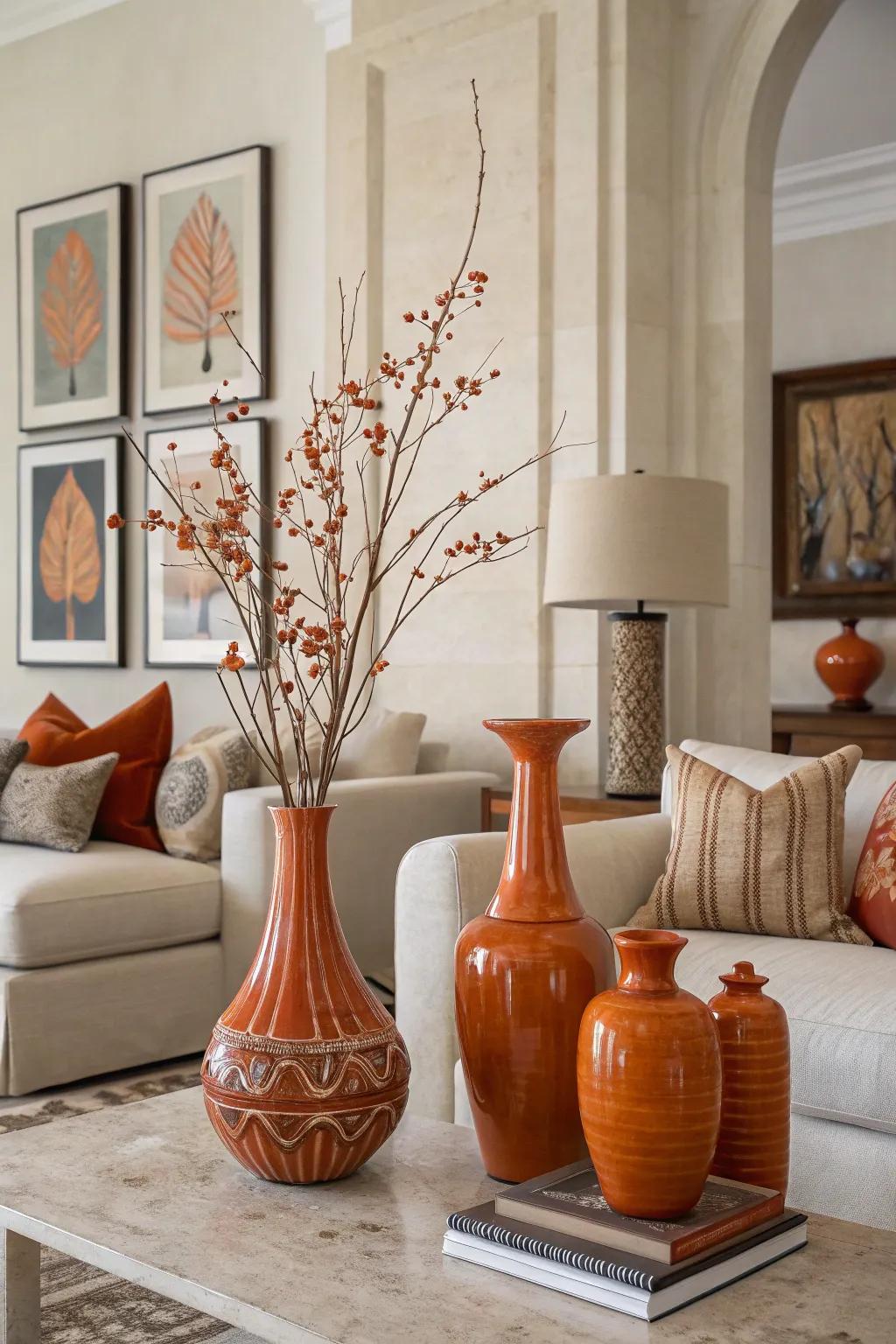 A look into a modern living space where small orange accessories make a big impact.
