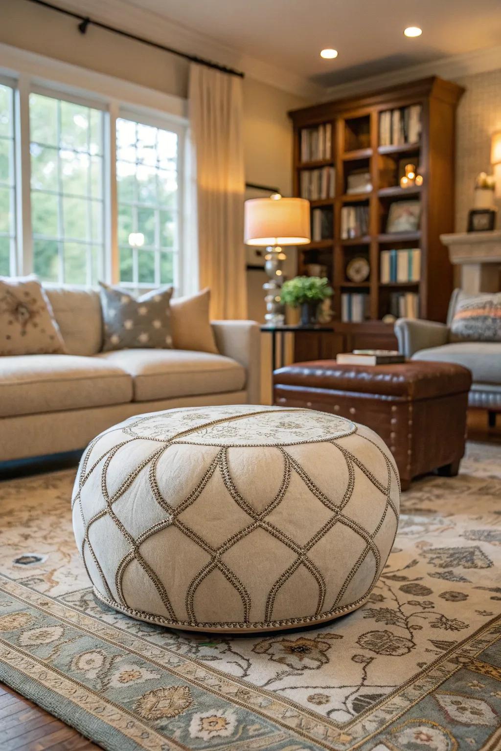 A uniquely shaped ottoman gives the space an unexpected element.
