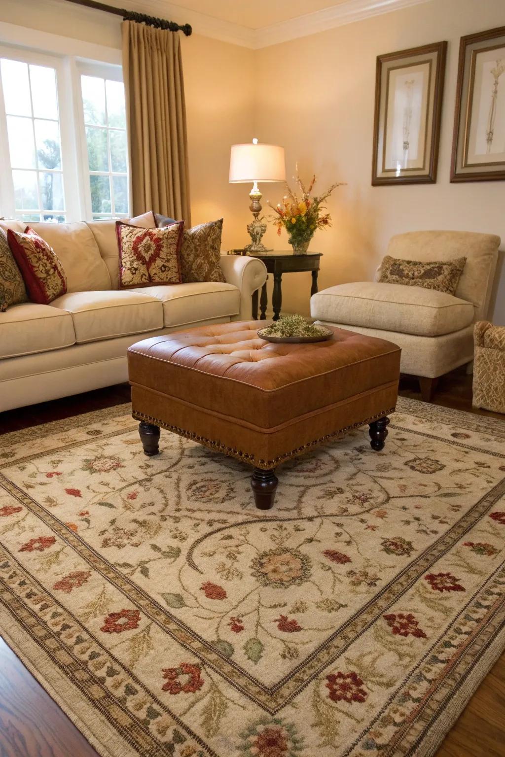 Harmonious design with matched ottoman and floor covering