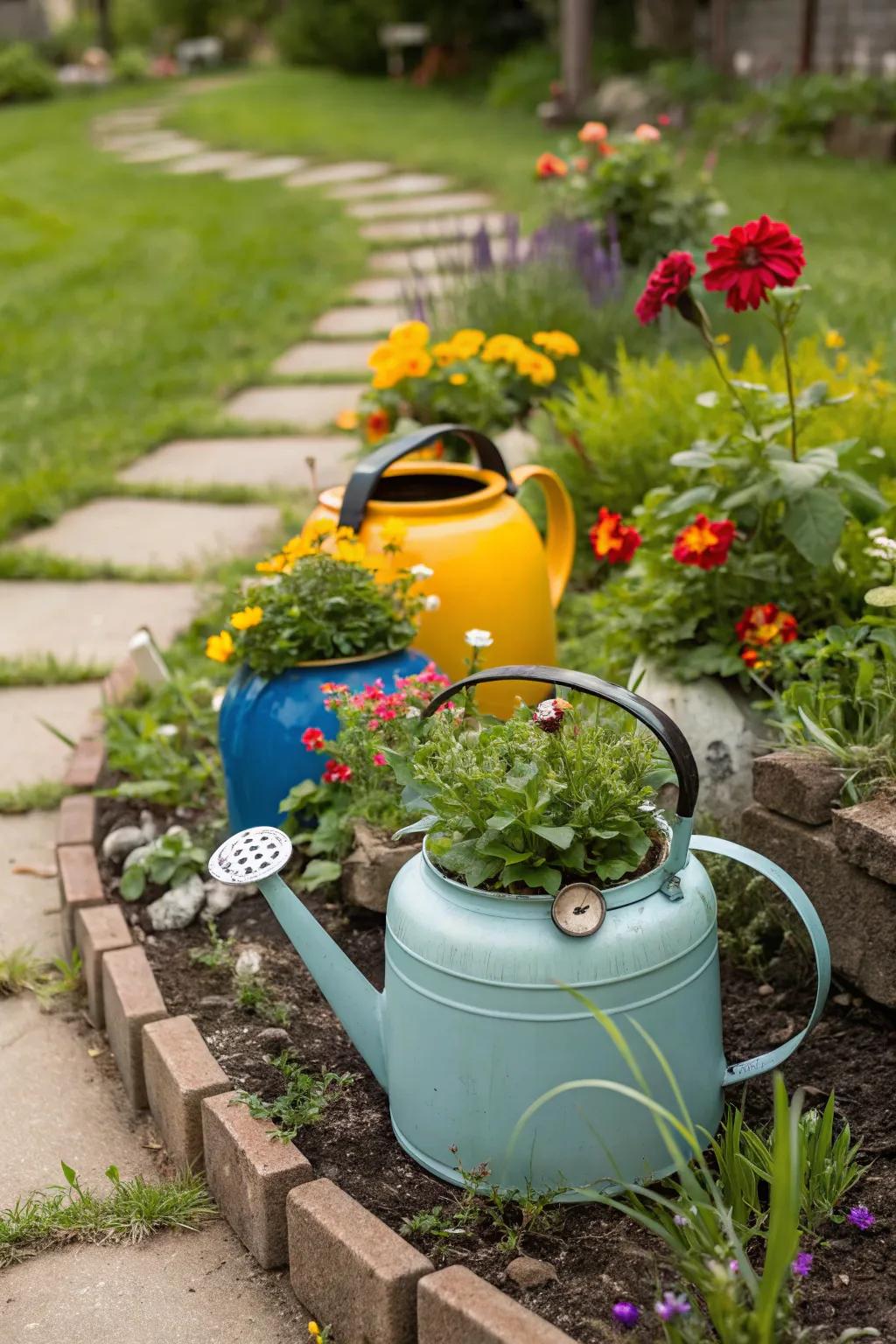 Charming flower arrangements displayed in repurposed water boilers.