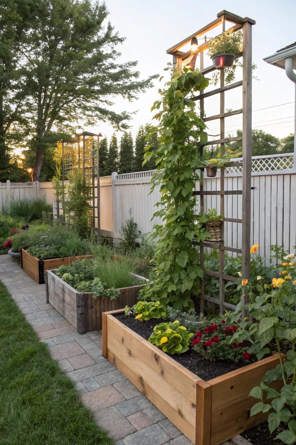 Vertical planting makes the most of area and adds dimension.