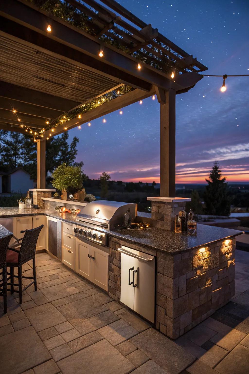A beautifully lit cooking station that shines with ambient lighting at dusk.