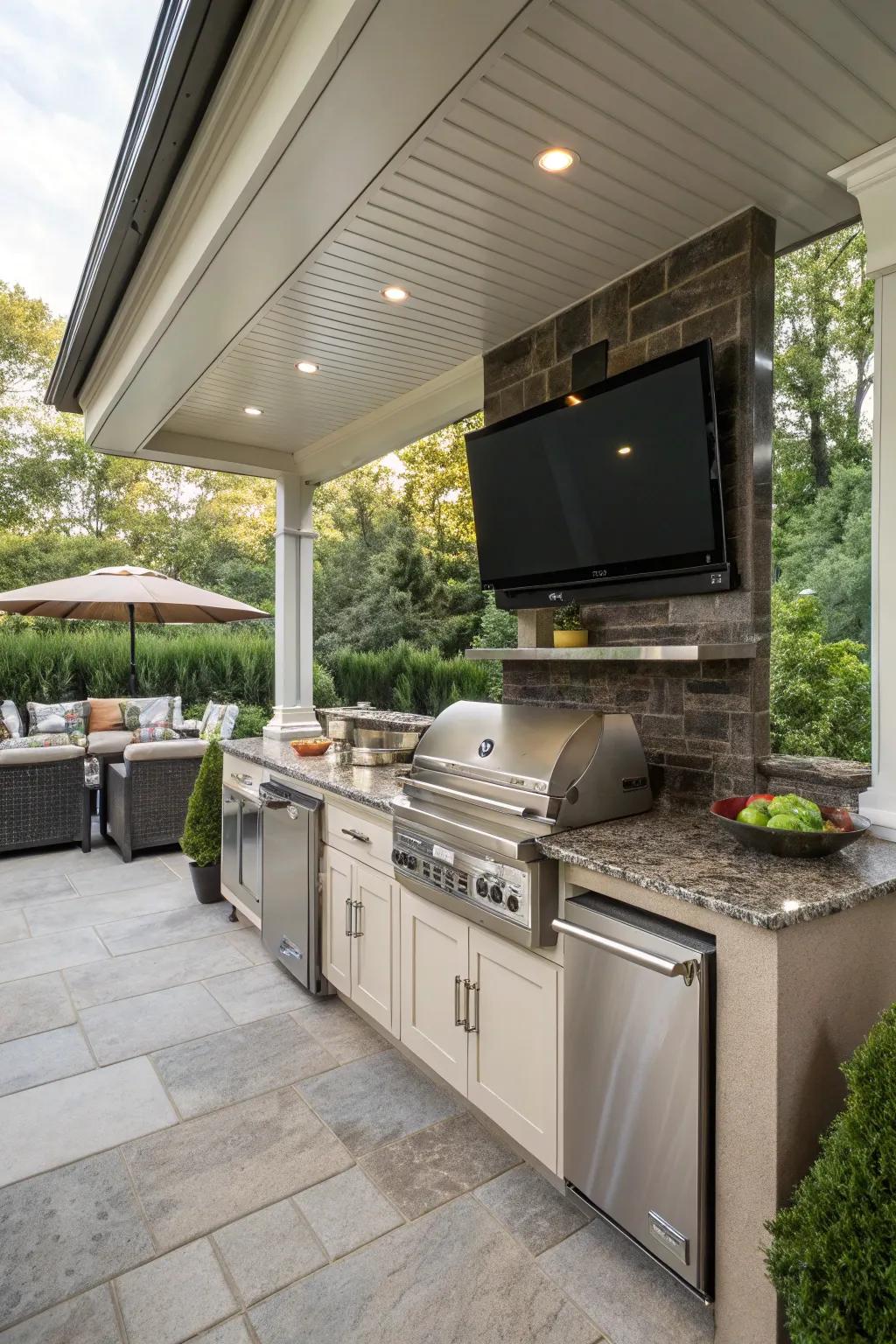 A retractable TV provides versatility and protection, keeping your outdoor area flexible.