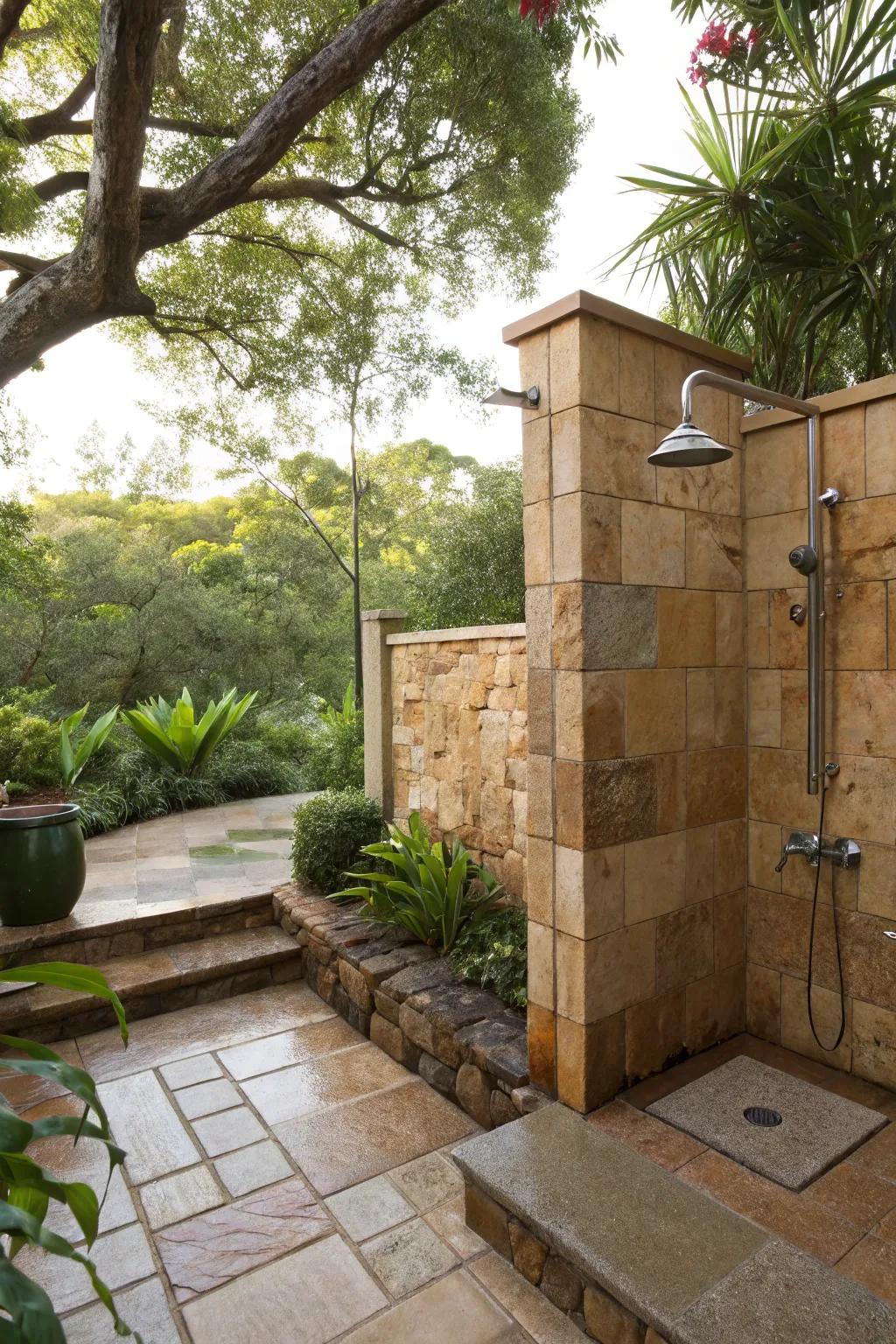 An outdoor shower showcasing warm, beach-inspired sandstone pavers.
