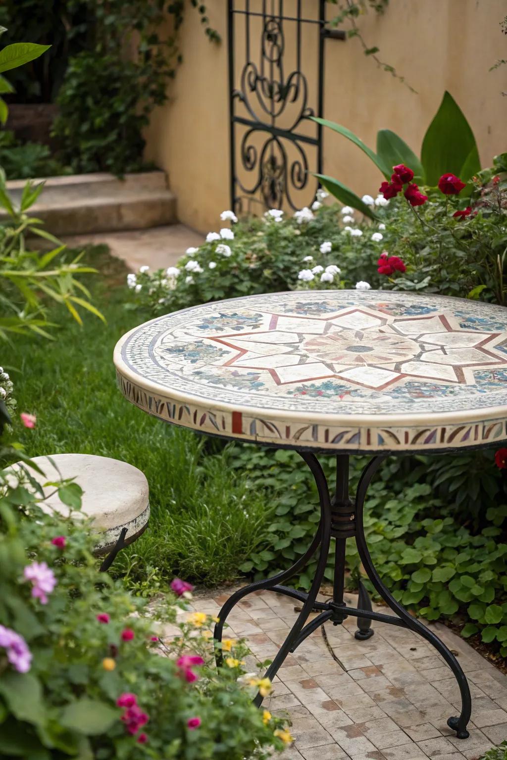 Fancy tile table tops transform tables into artistic garden features.