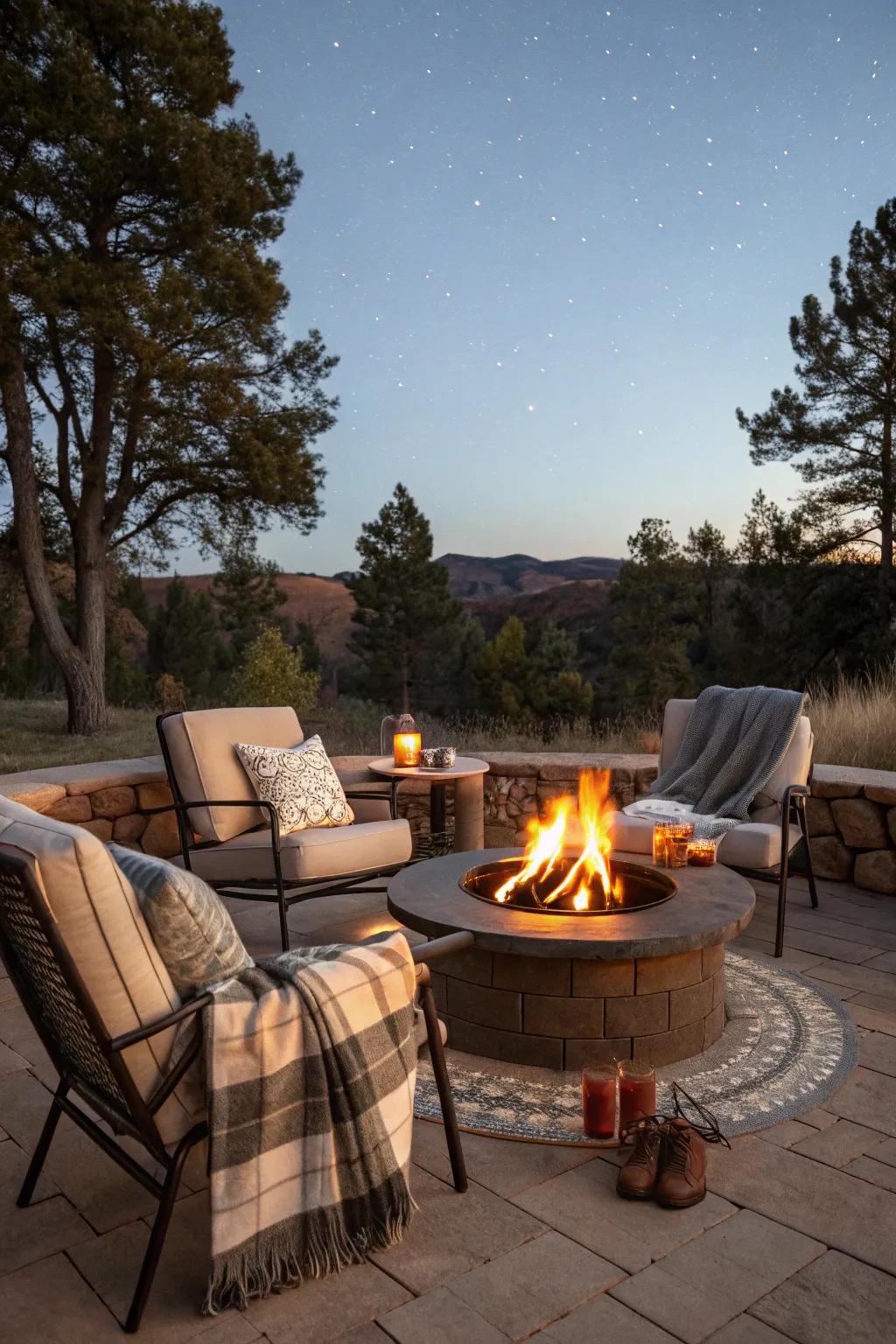 A bonfire adds warmth and a gathering point for guests.