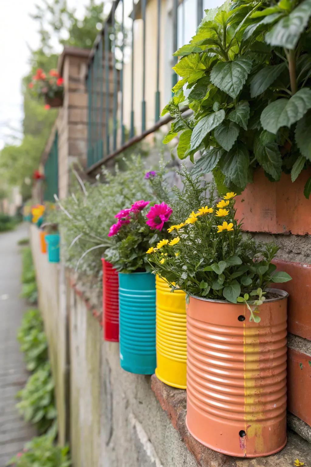 Get creative with repurposed tin can holders.
