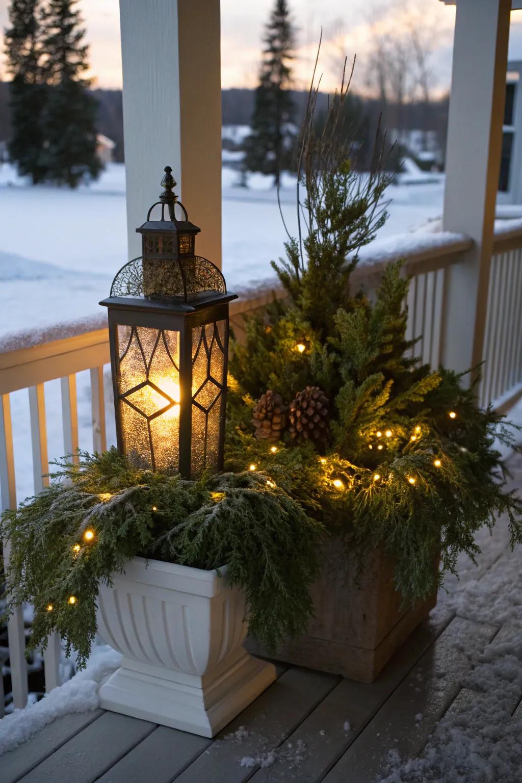 Lamps impart warmth and ambiance to winter arrangements.