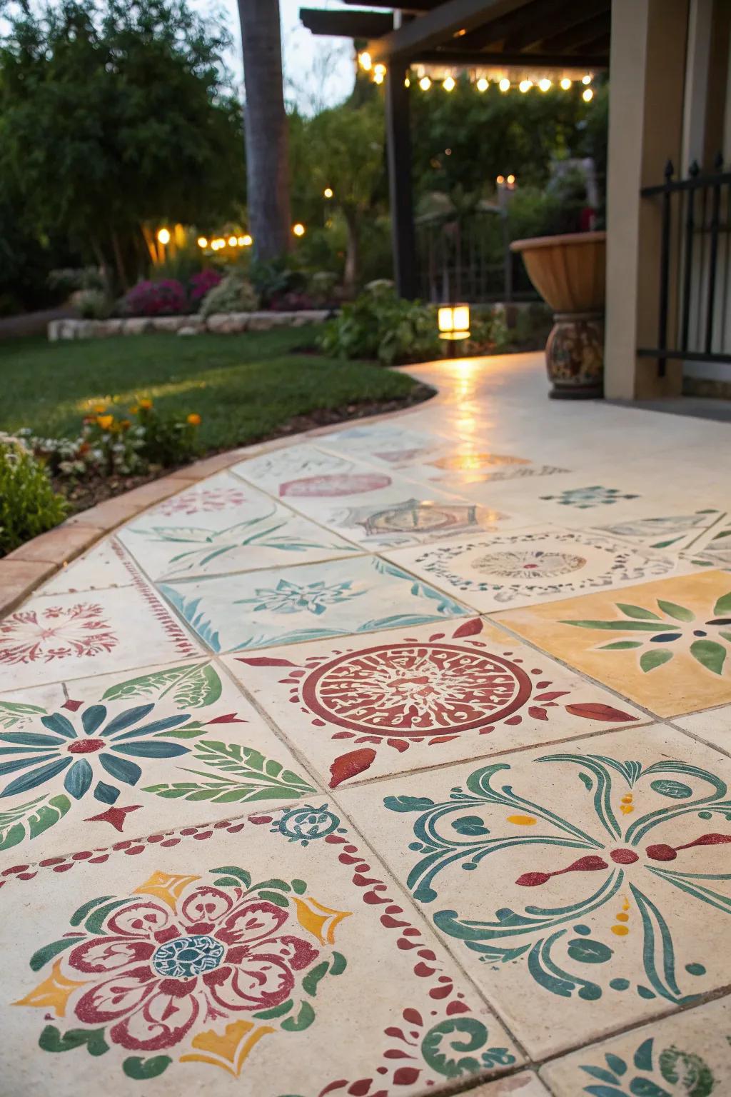 This patio features stenciled designs that evoke the splendor of hand-painted tiles.