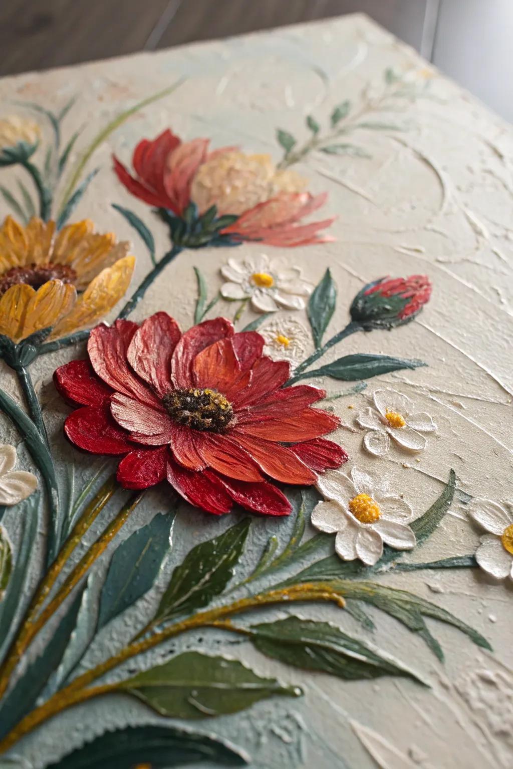 Textured stratums append dimension to flower art.