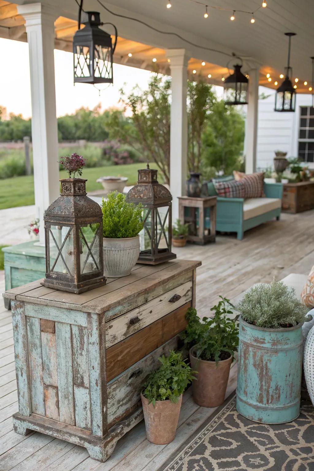 Weathered finishes add rustic charm to any patio.