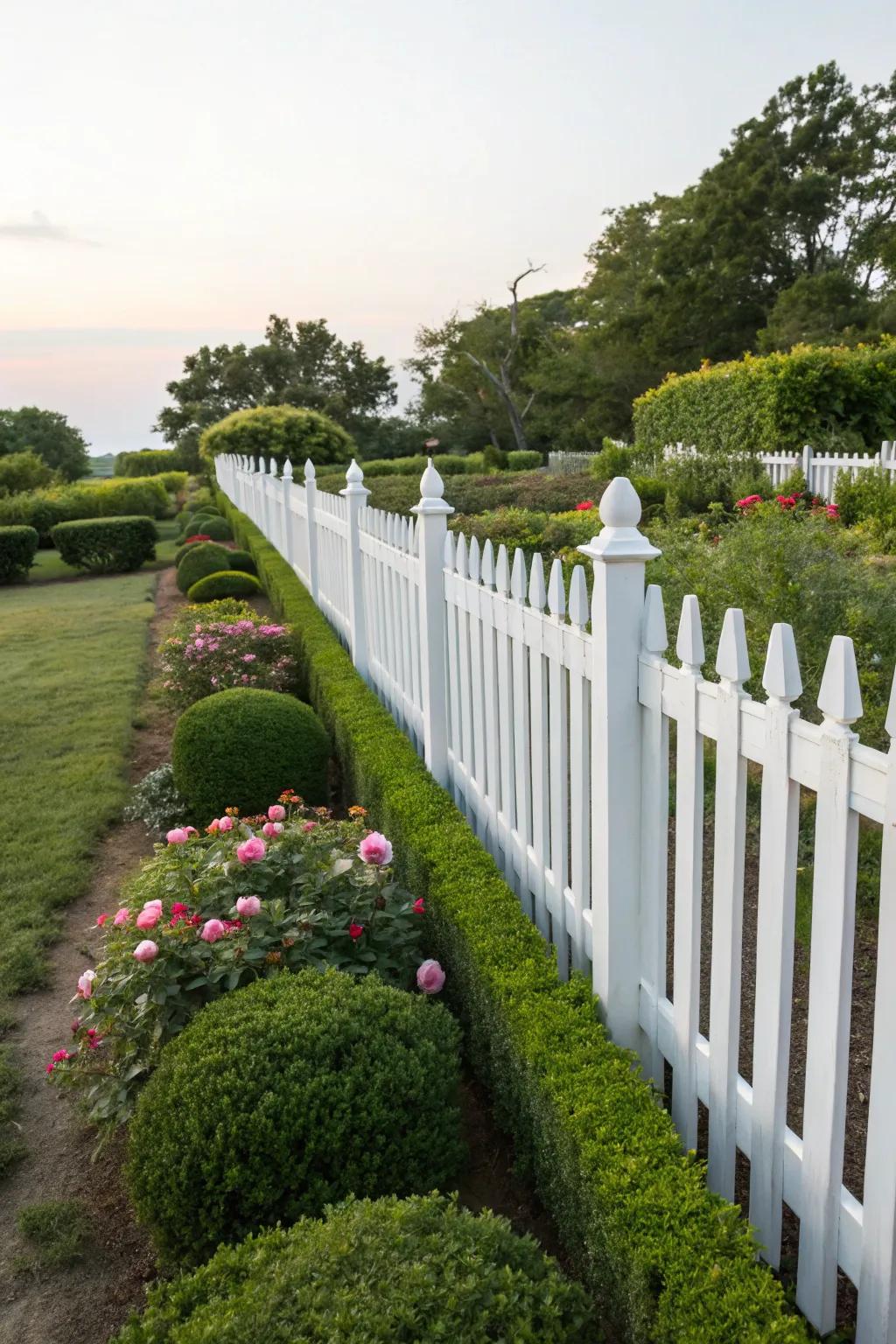 A timeless alabaster picket fence amplifying the garden's elegance.