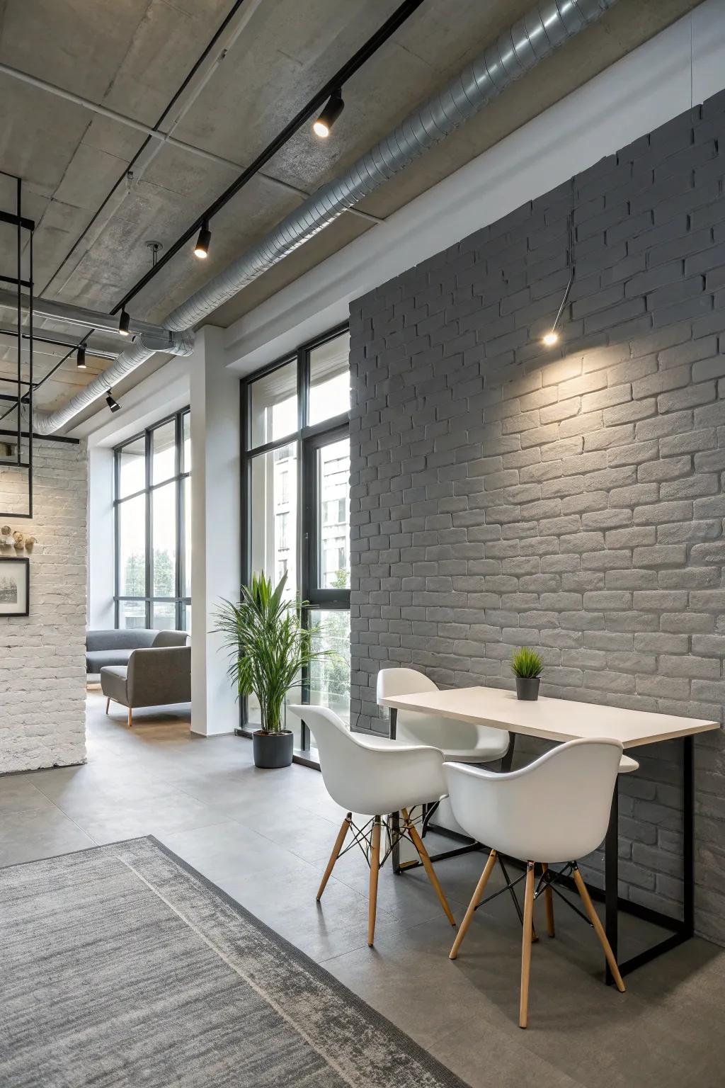 A modern work setting featuring a sophisticated ash brick wall.