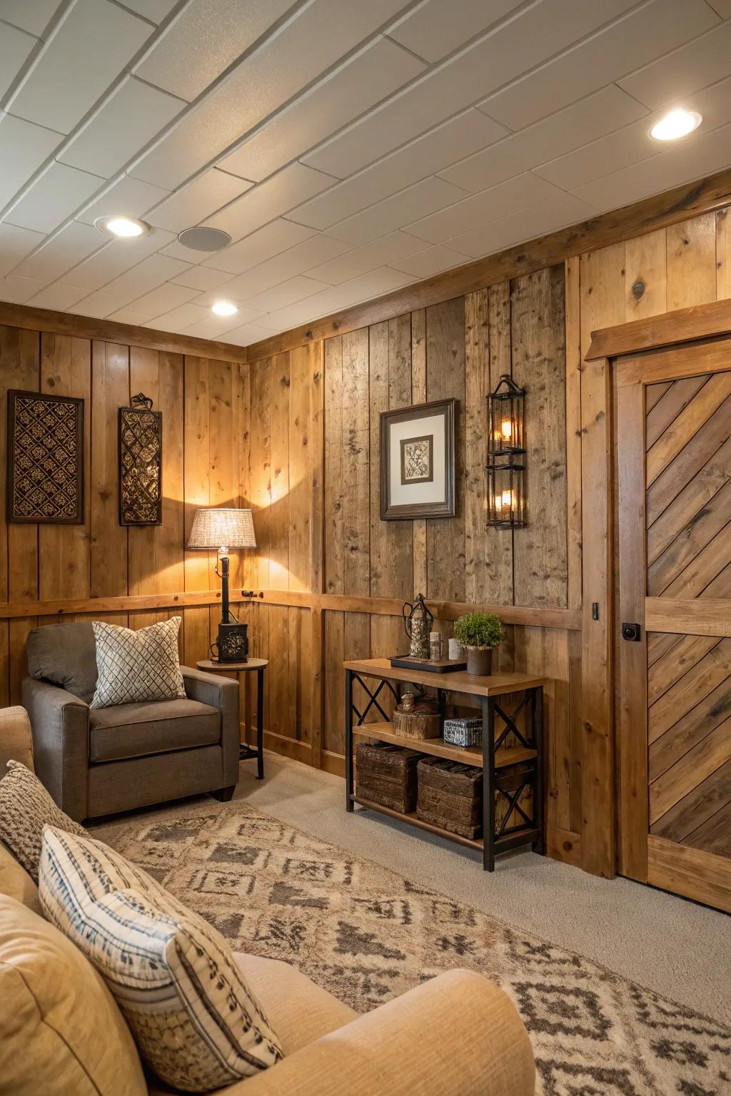 Room featuring reclaimed timber boards for rustic charm.