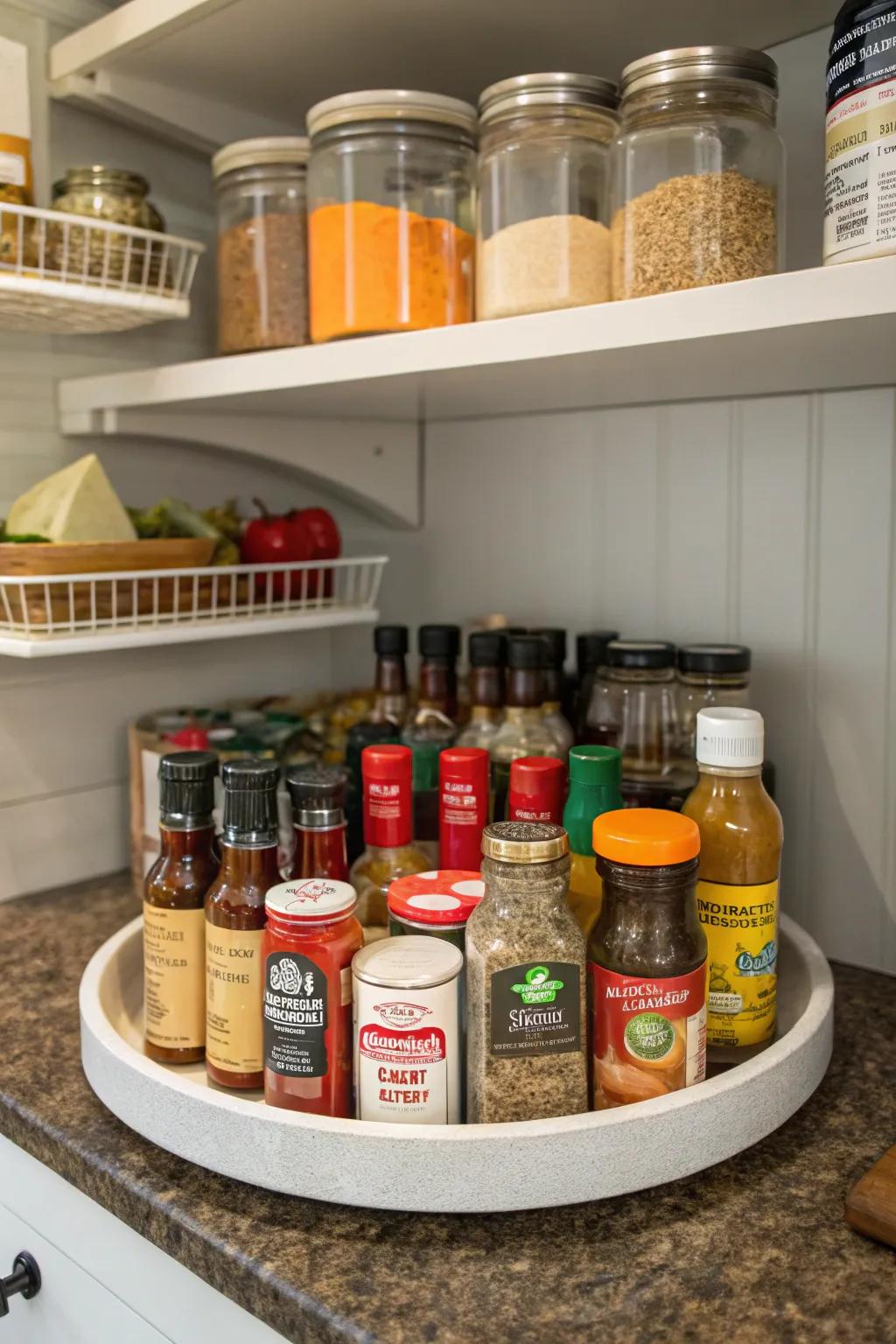 A corner in a pantry that makes use of a rotating tray for the best storage.