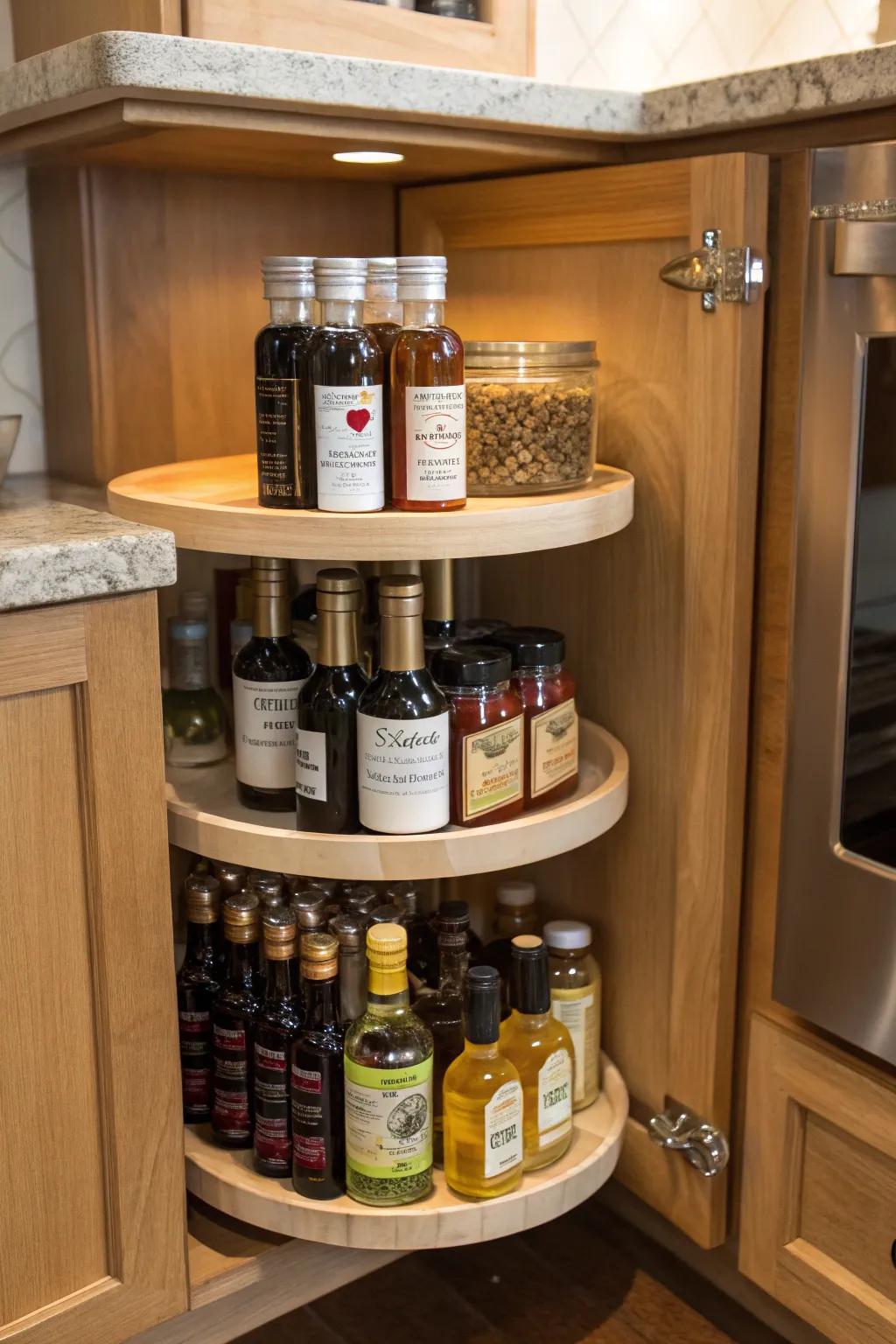 Rotating trays in pantry corners optimize area and improve accessibility.