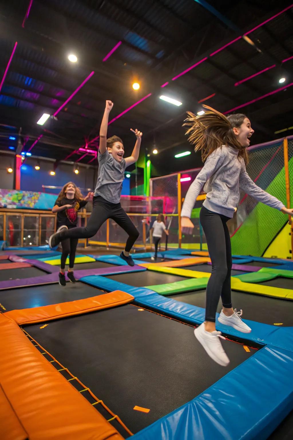 Teens savoring an enjoyable day at a trampoline center.