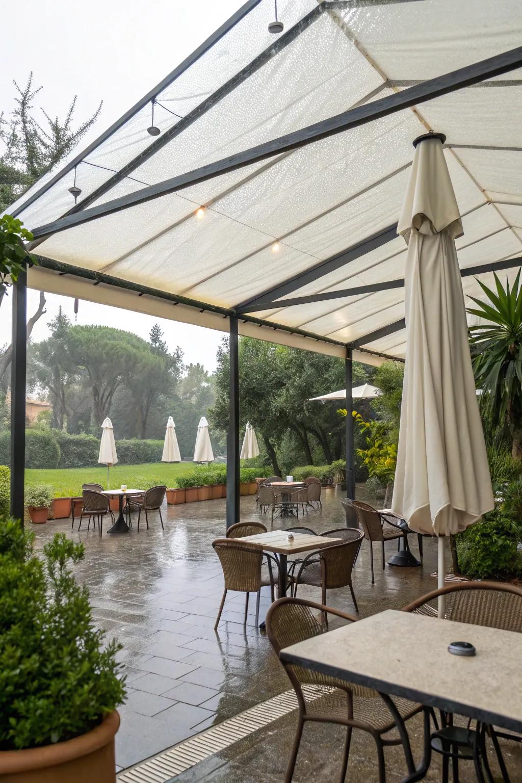 Sheltered dining areas assure rain doesn't disrupt meals.