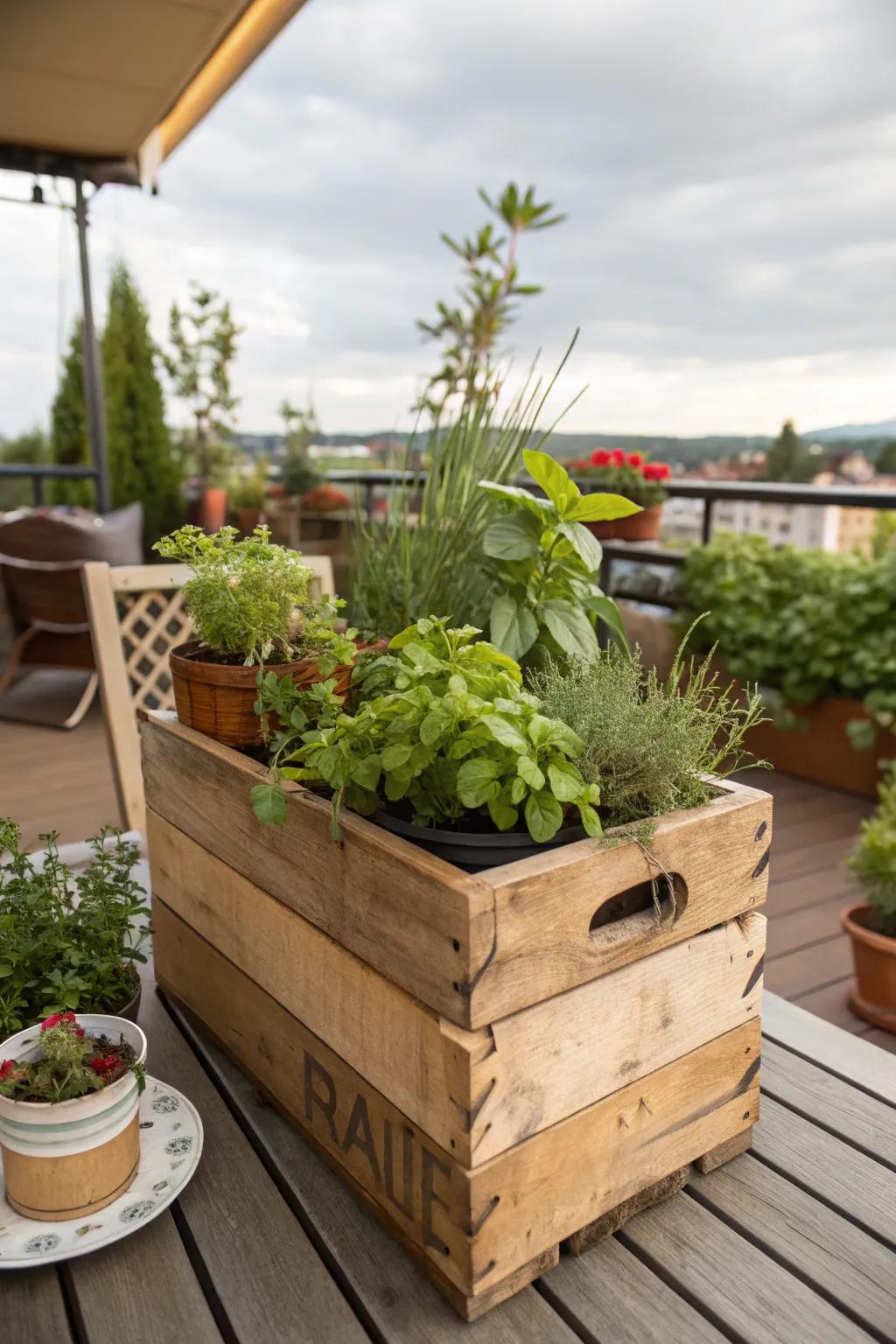 Wine box herb garden evoking vintage charm.