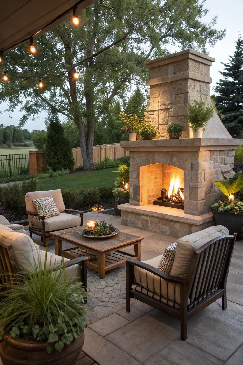 An exterior hearth crafts a grand and inviting centerpiece.