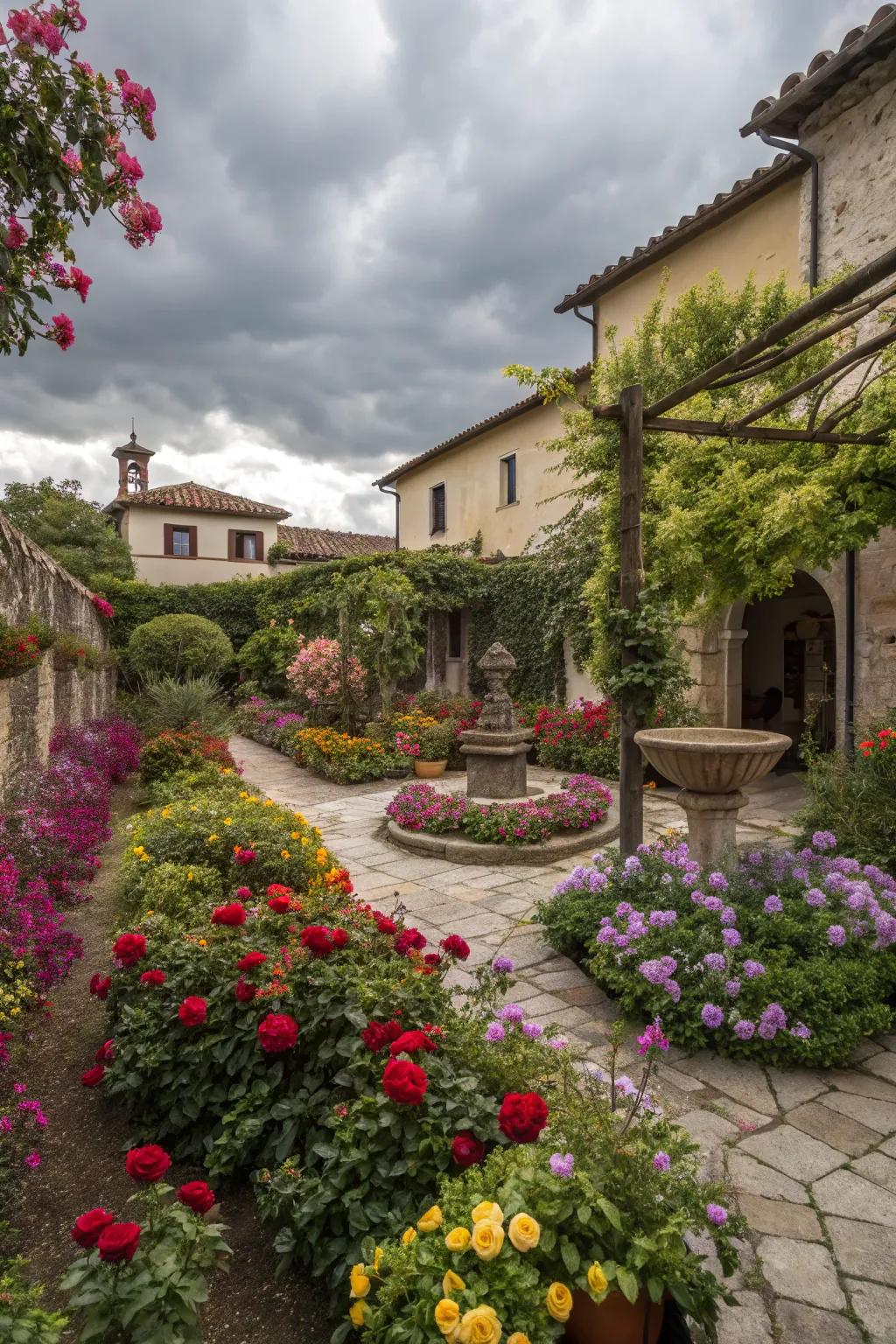 Colorful flowers brighten up this charming Italian garden.