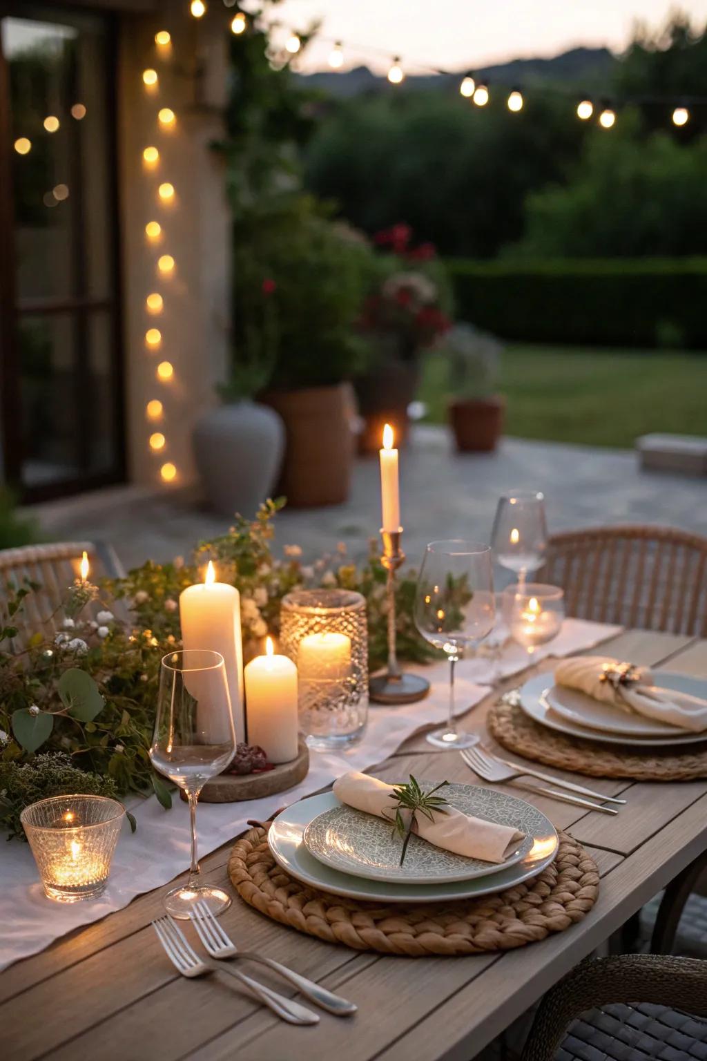 Tapers contribute a romantic and tranquil luminescence to intimate patio get-togethers.