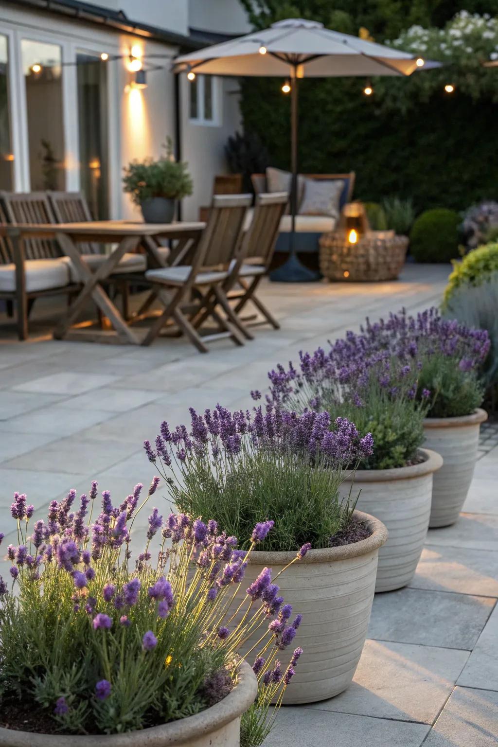 Enjoy a scented patio filled with blooming rosemary.