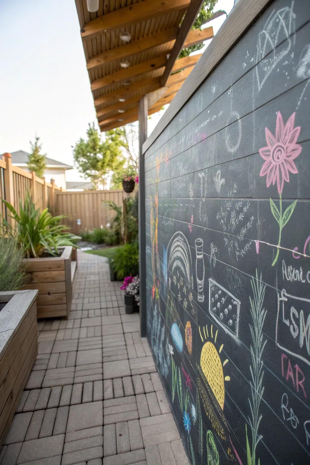 Chalkboard walls foster creativity and engagement on the patio.