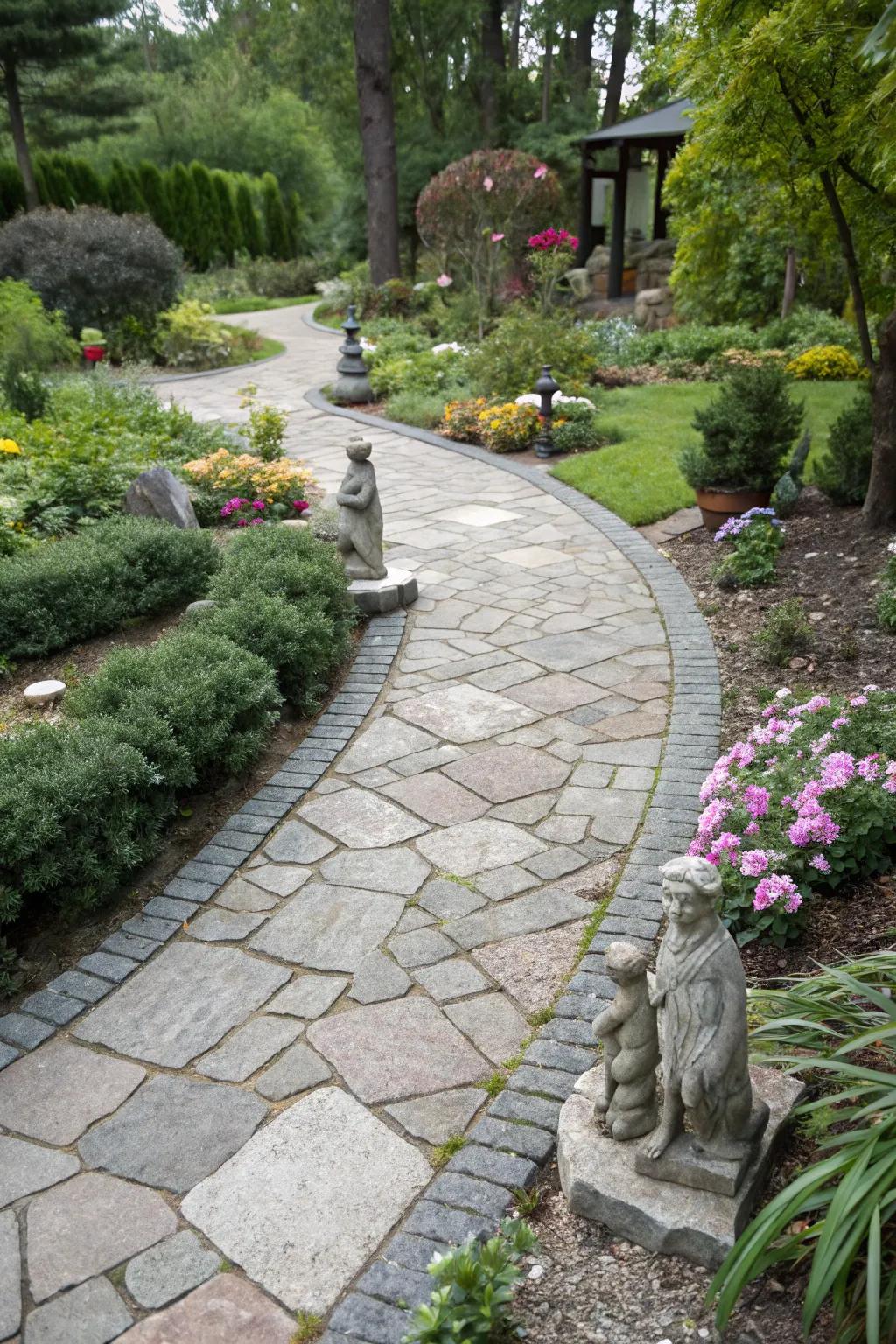 A durable granite walkway glistening in a lively garden.