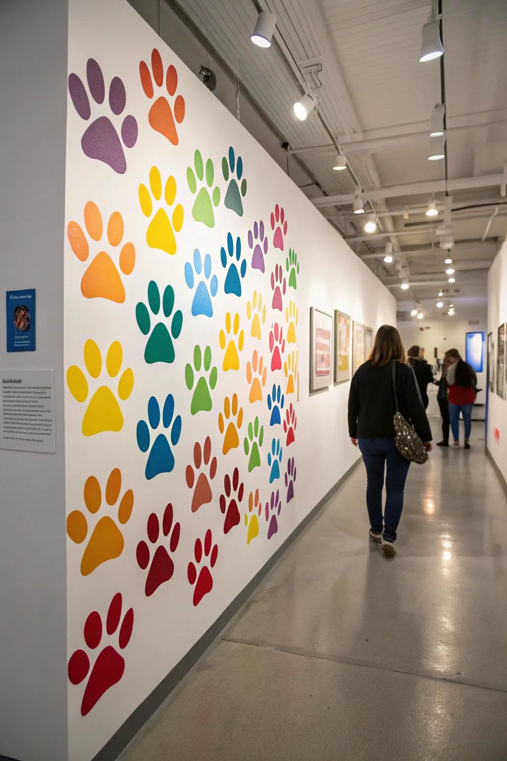 Unique wall art displaying colorful pet paw prints.