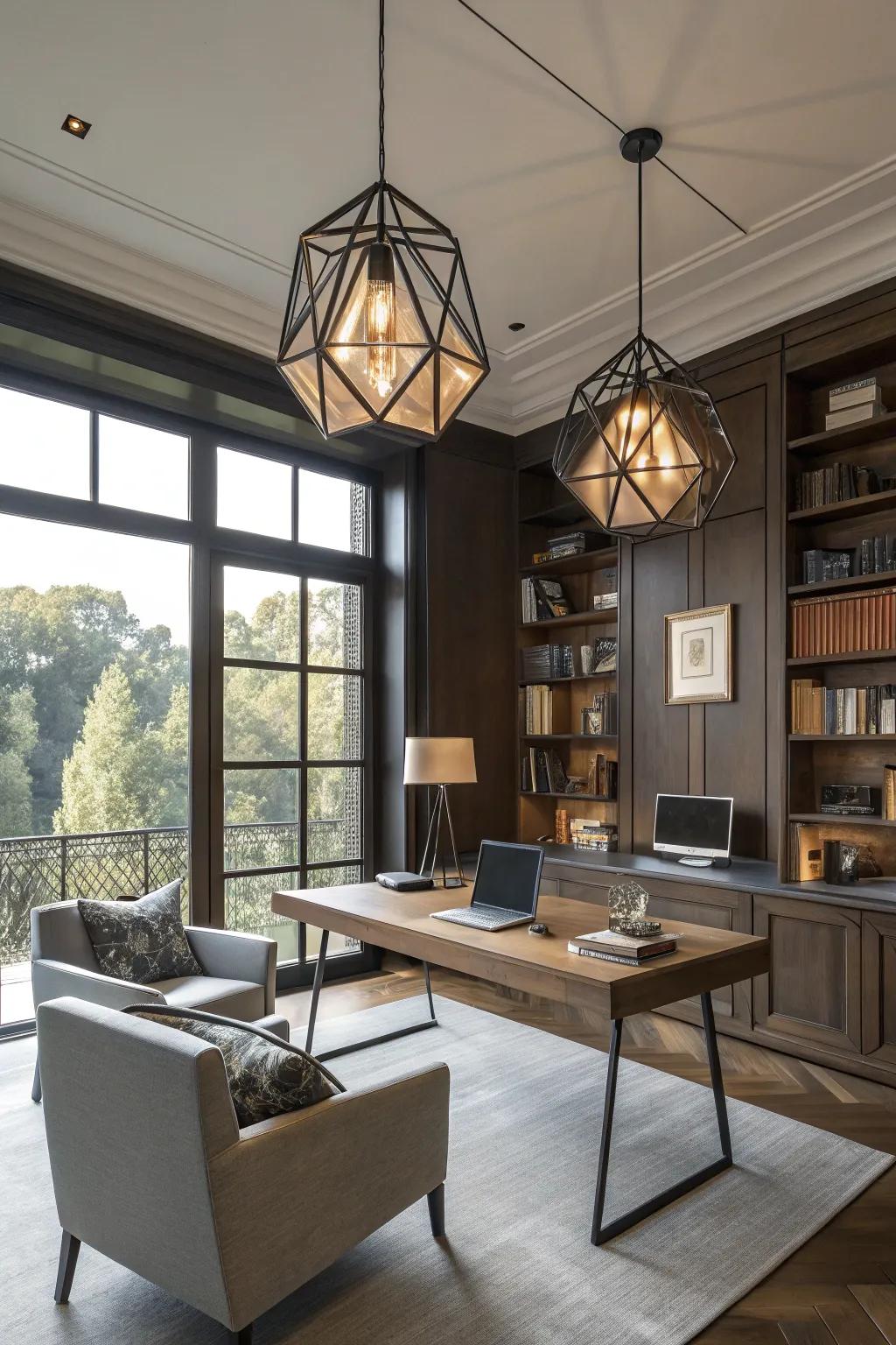 Geometric pendants append a contemporary inflection to any chamber.