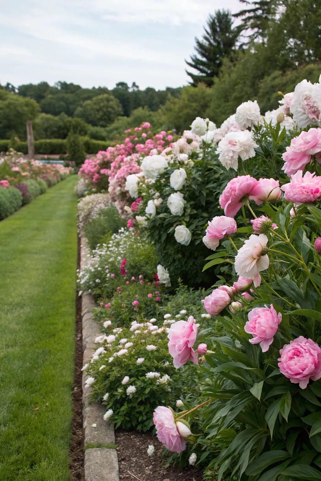 Peonies utilized in borders to exquisitely outline the garden.