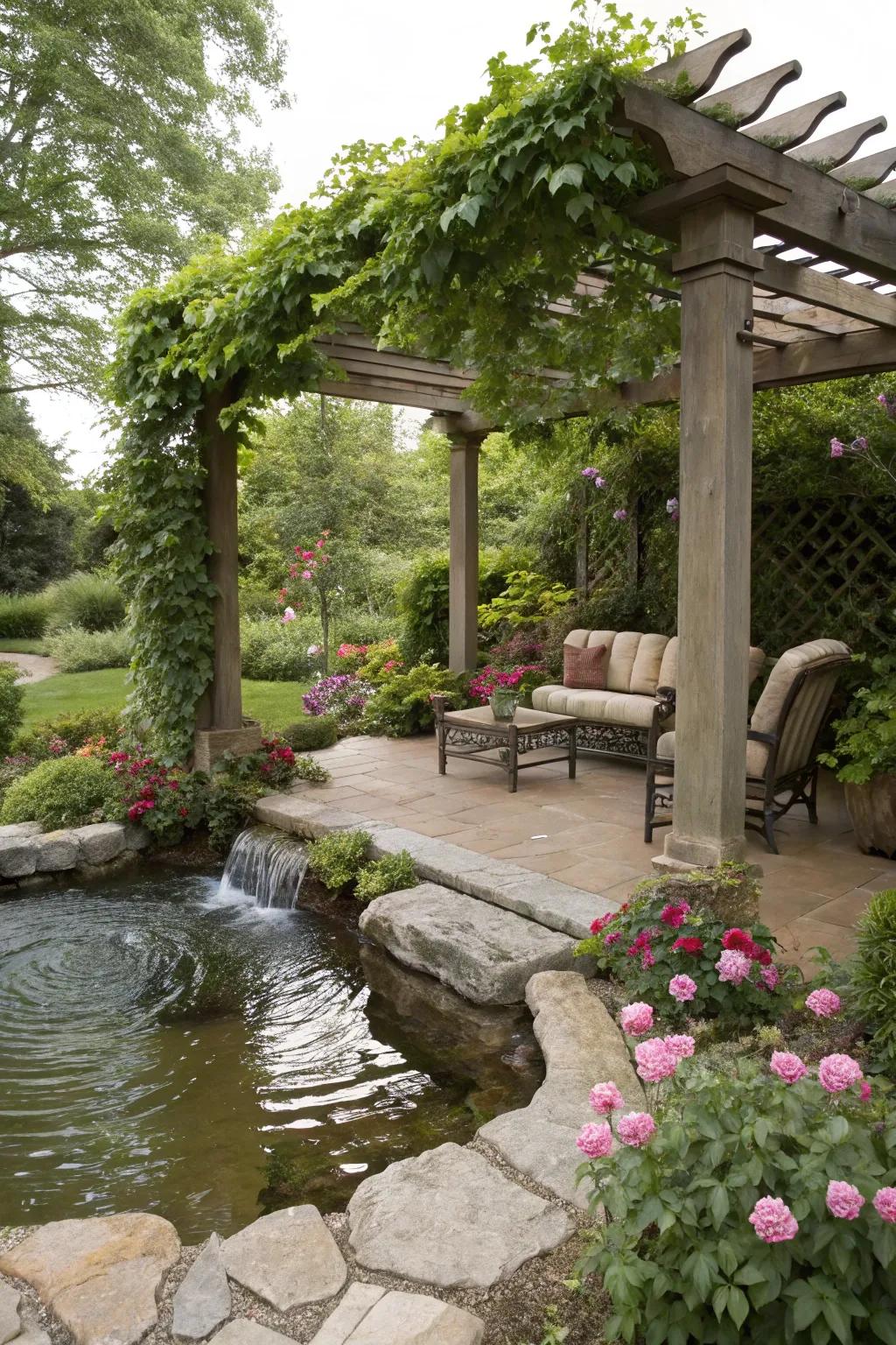 Add a soothing water element to enhance your pergola's ambiance.