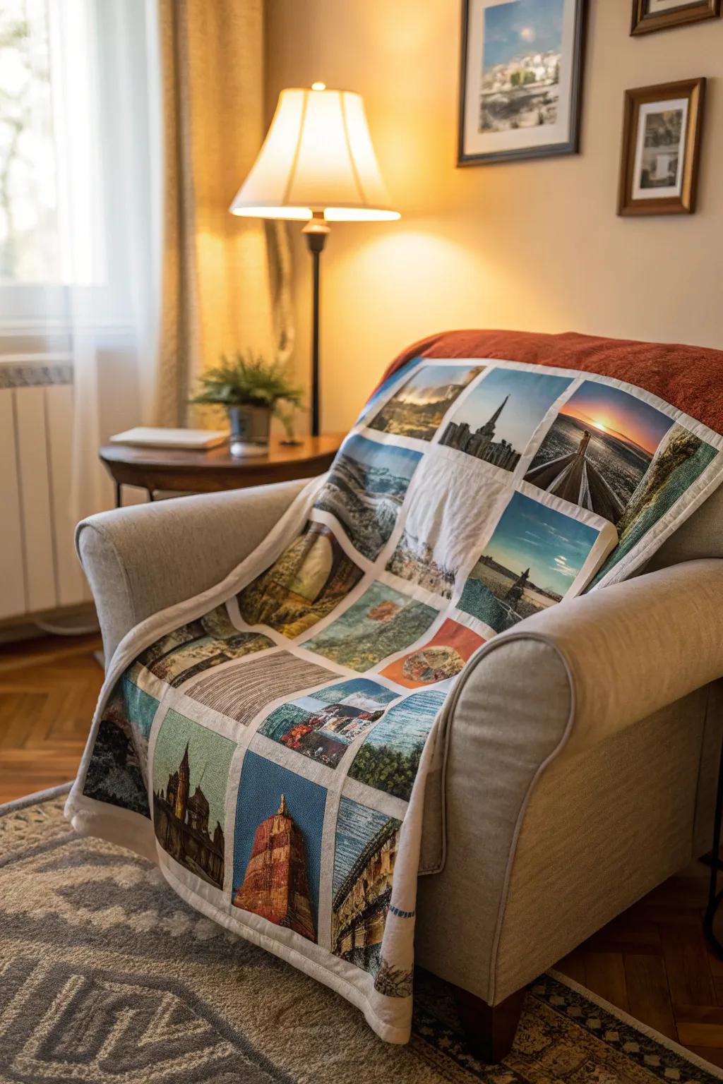 A throw featuring various travel snapshots, ideal for reminiscing about your adventures.