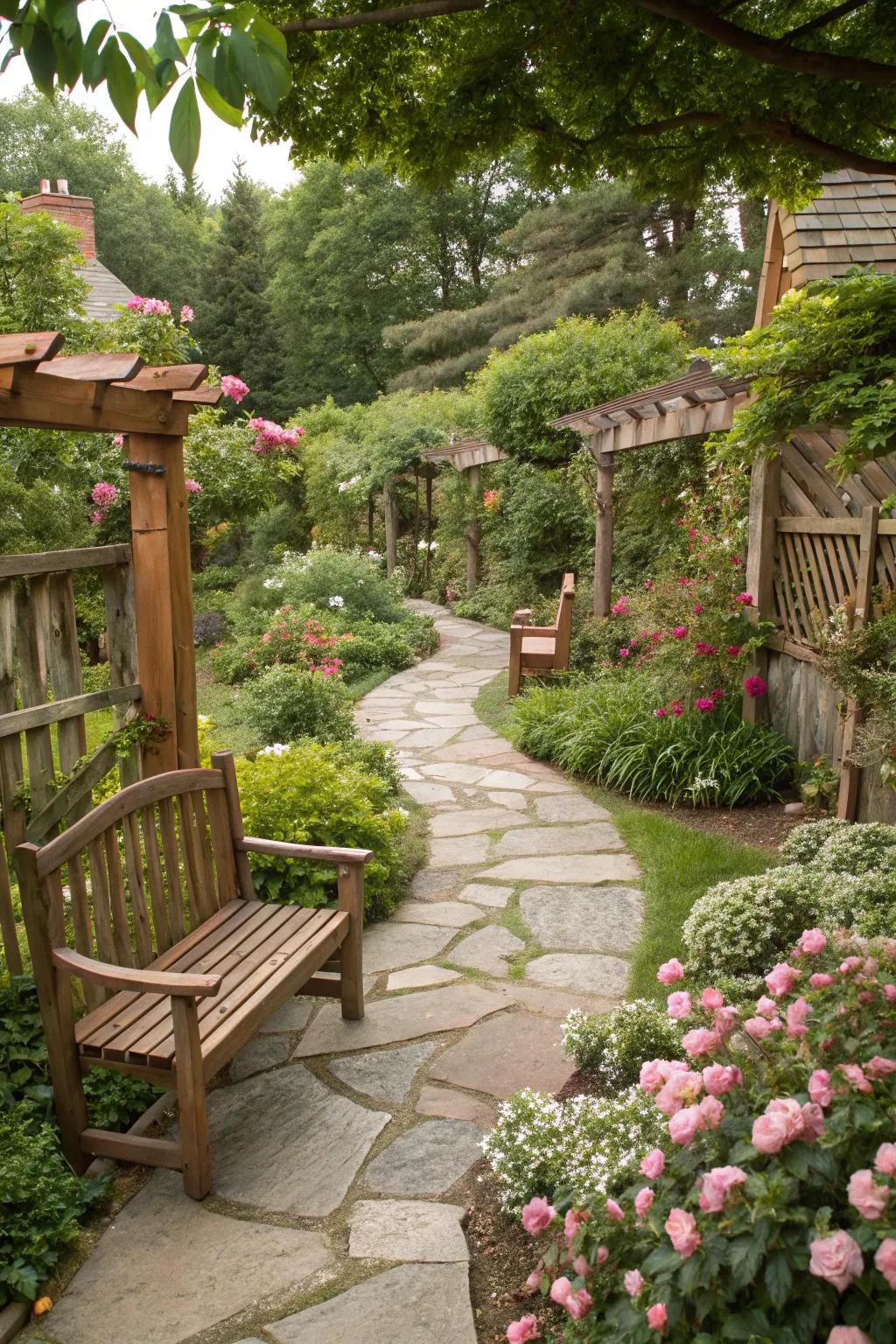 Raw materials such as stone and wood infuse charm into pet gardens.