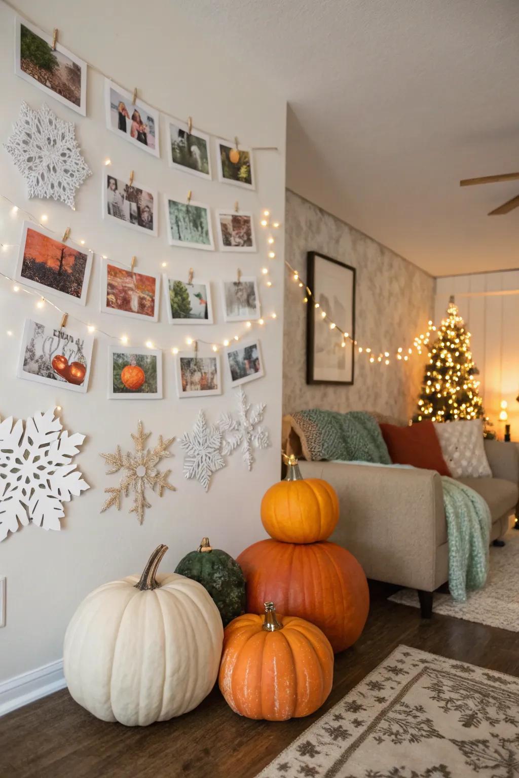 A periodic screen featuring autumn gourds and winter snowflakes, preserving an enduring spirit.