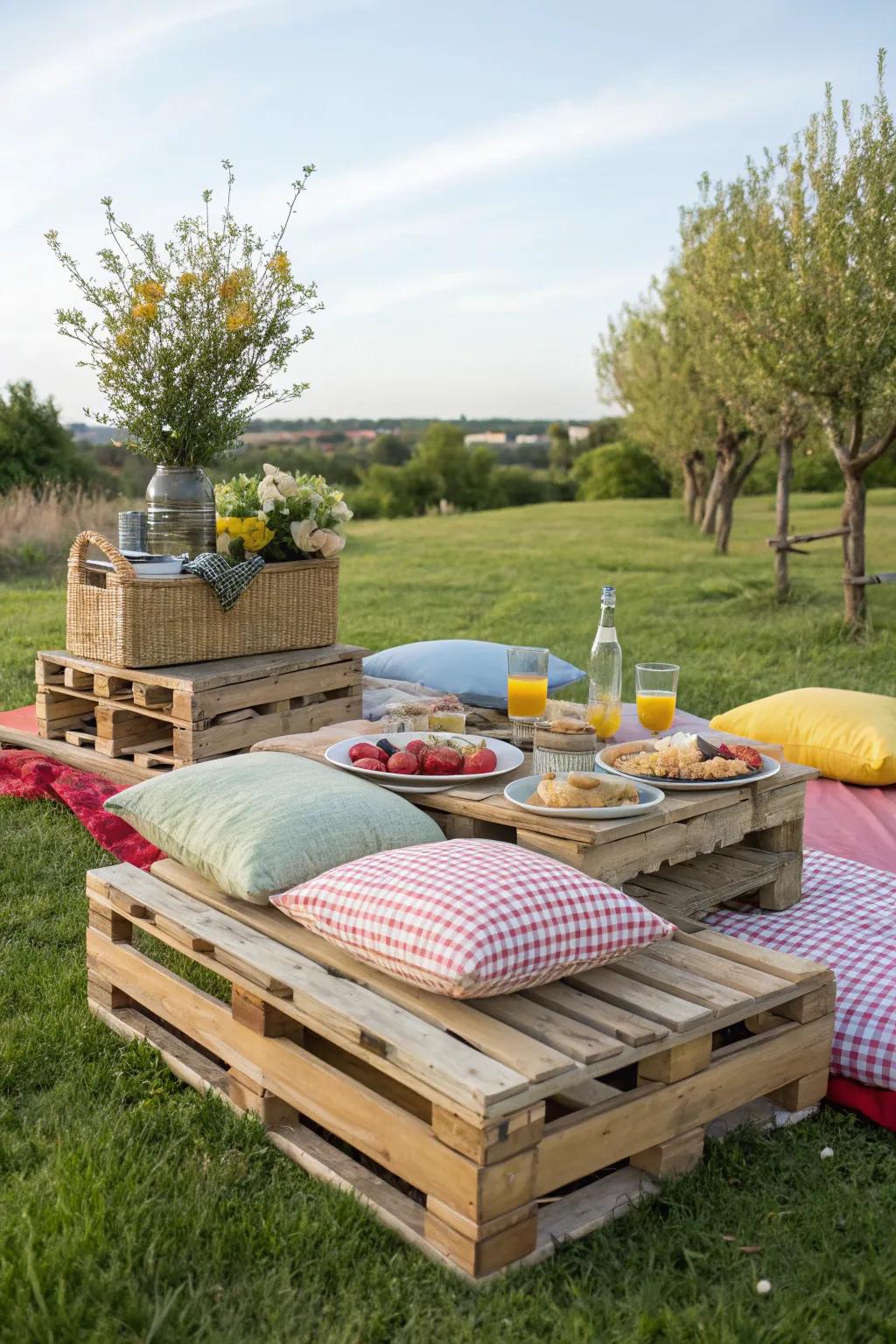 Pallets add a distinct and rustic ingredient to picnic seating.