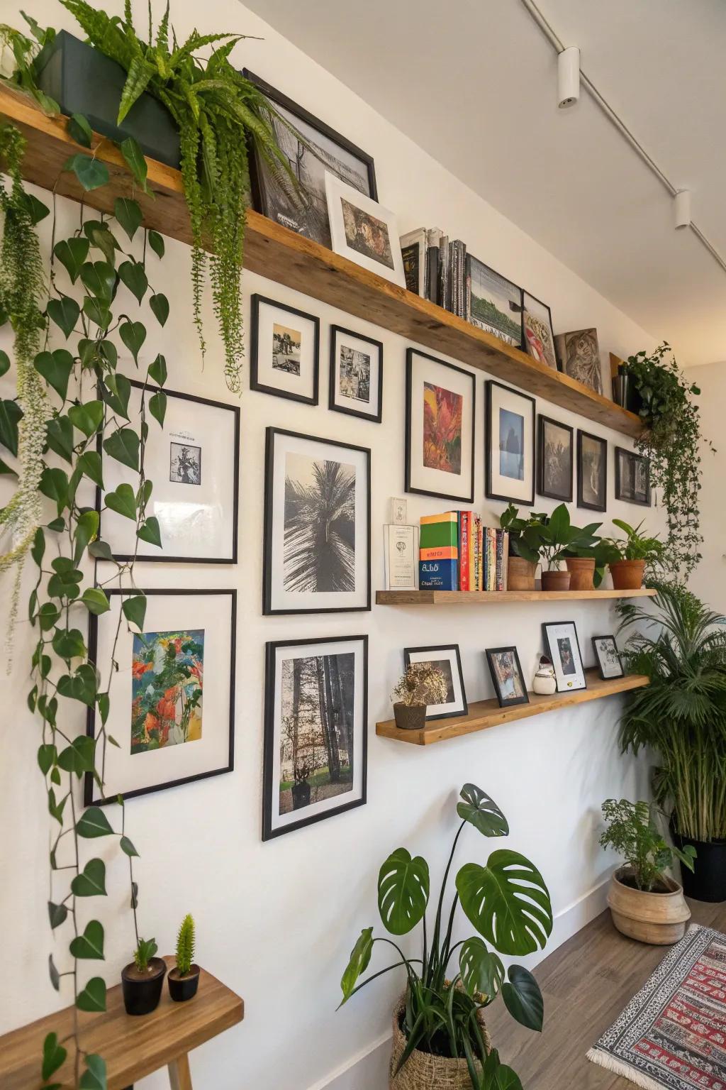 A picture wall enhanced with layered accent pieces.