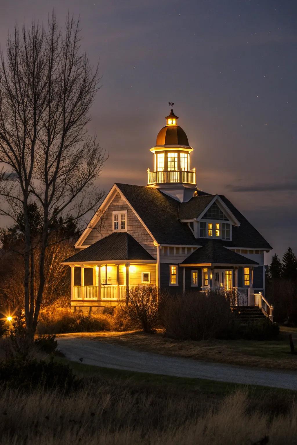 A house showcasing an illuminated cupola, establishing a breathtaking nighttime radiance.