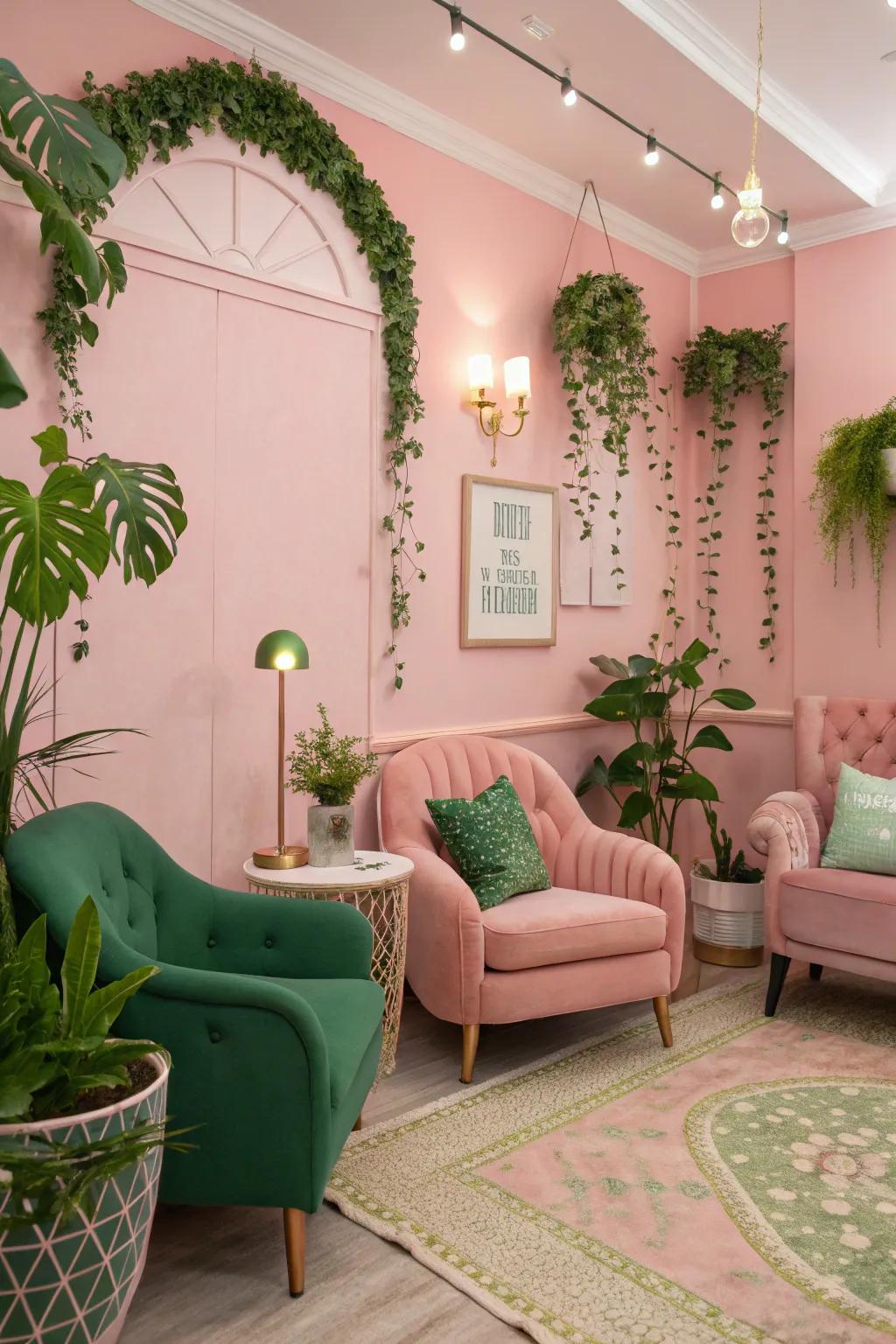 Gentle pink walls with green decor features create a whimsical escape.