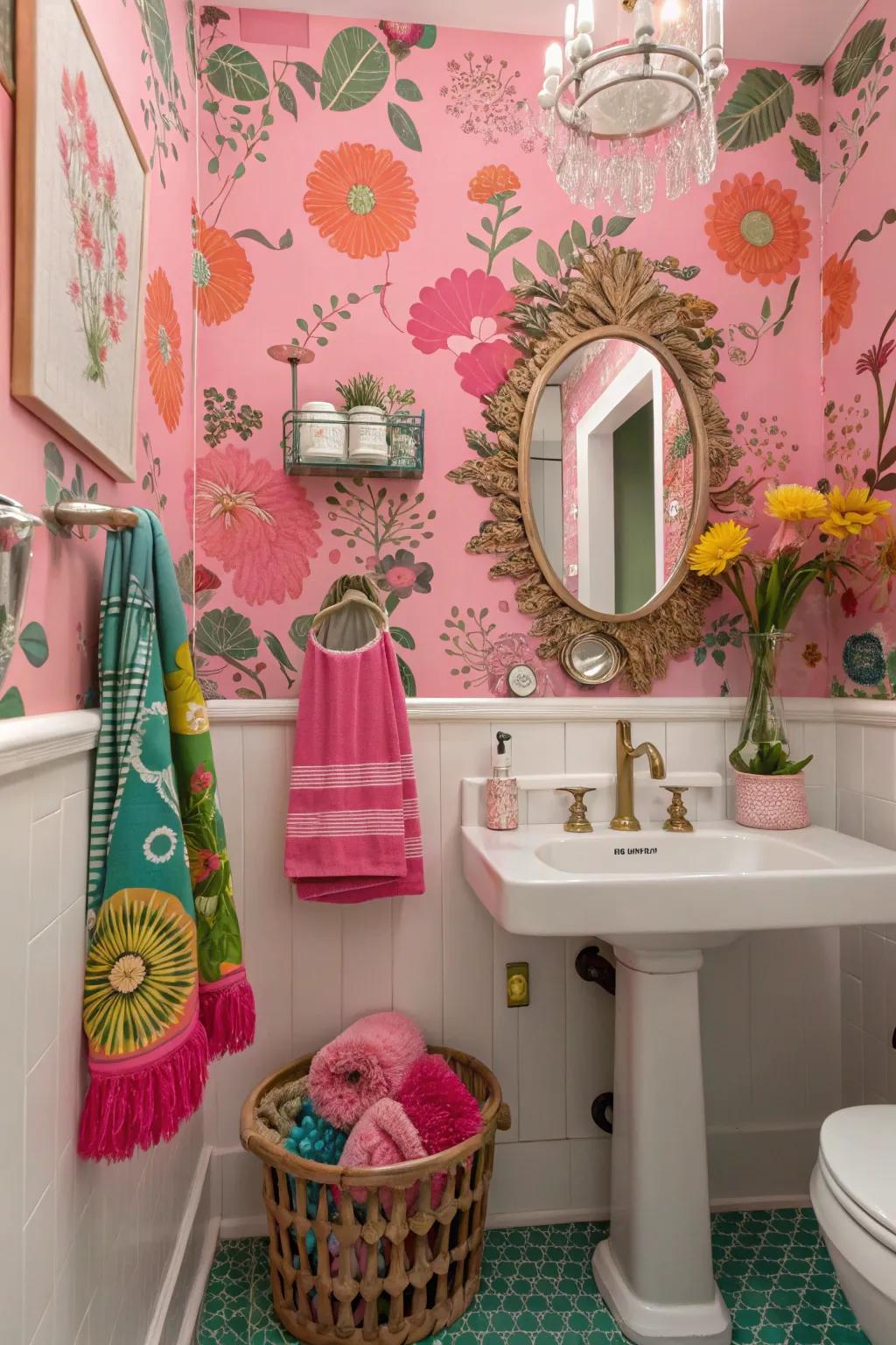 Rose wall covering forges a daring statement.
