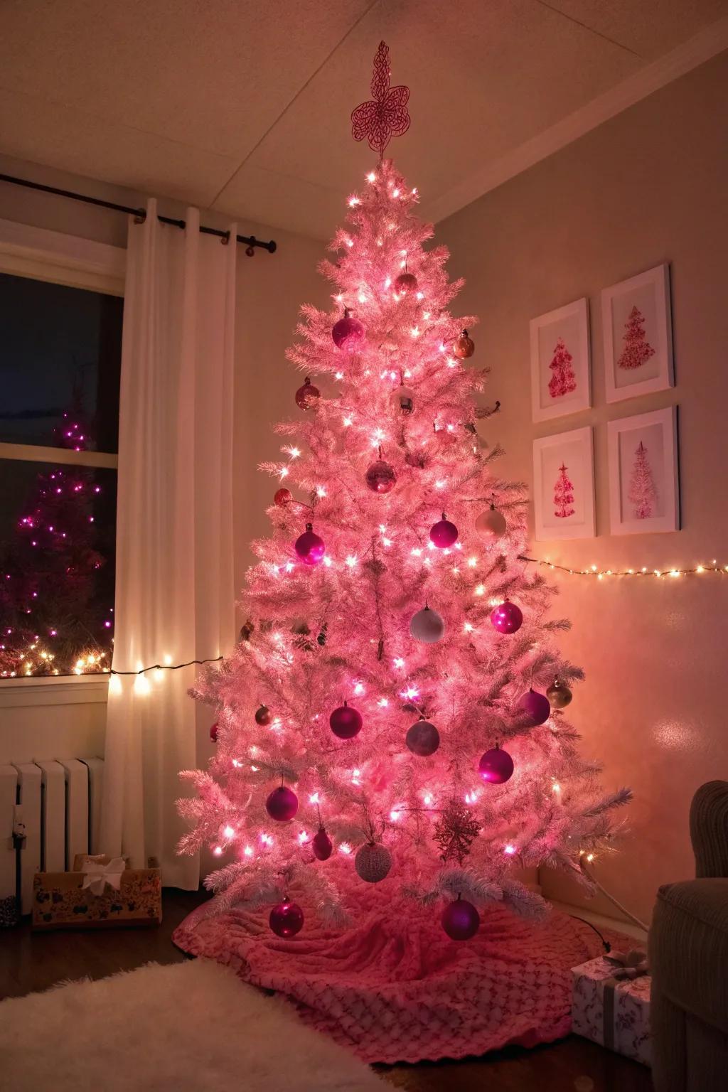 Rosy illuminations contribute a mesmerizing radiance to this festive tree.