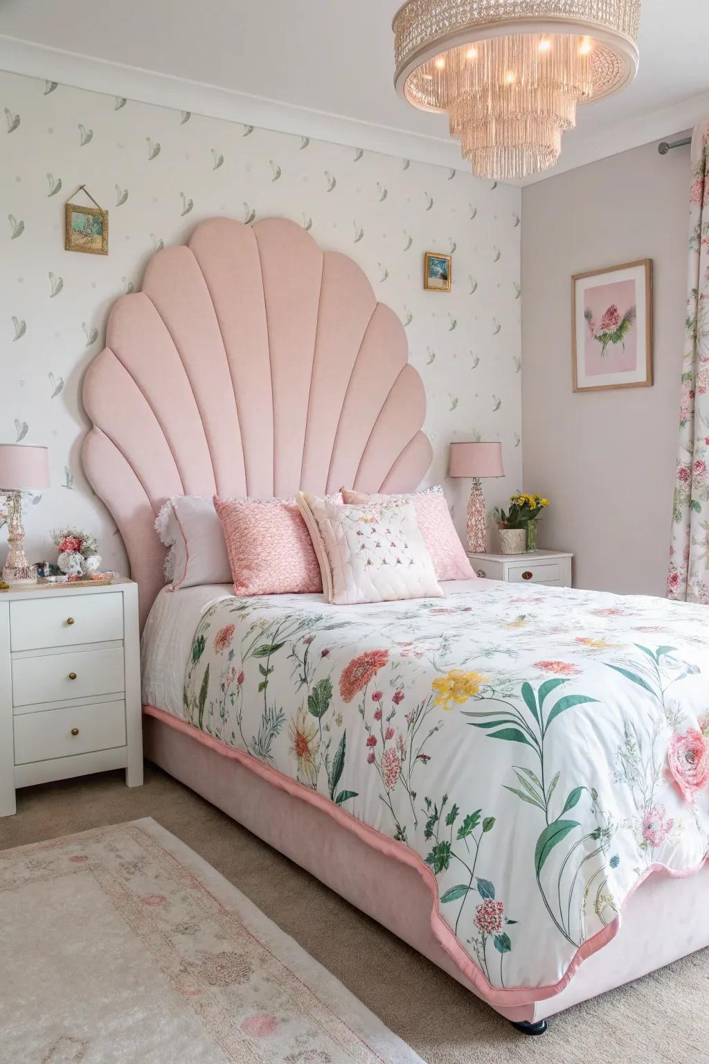 A fun and fanciful sleeping space with a rosy headboard featuring scalloped edging.