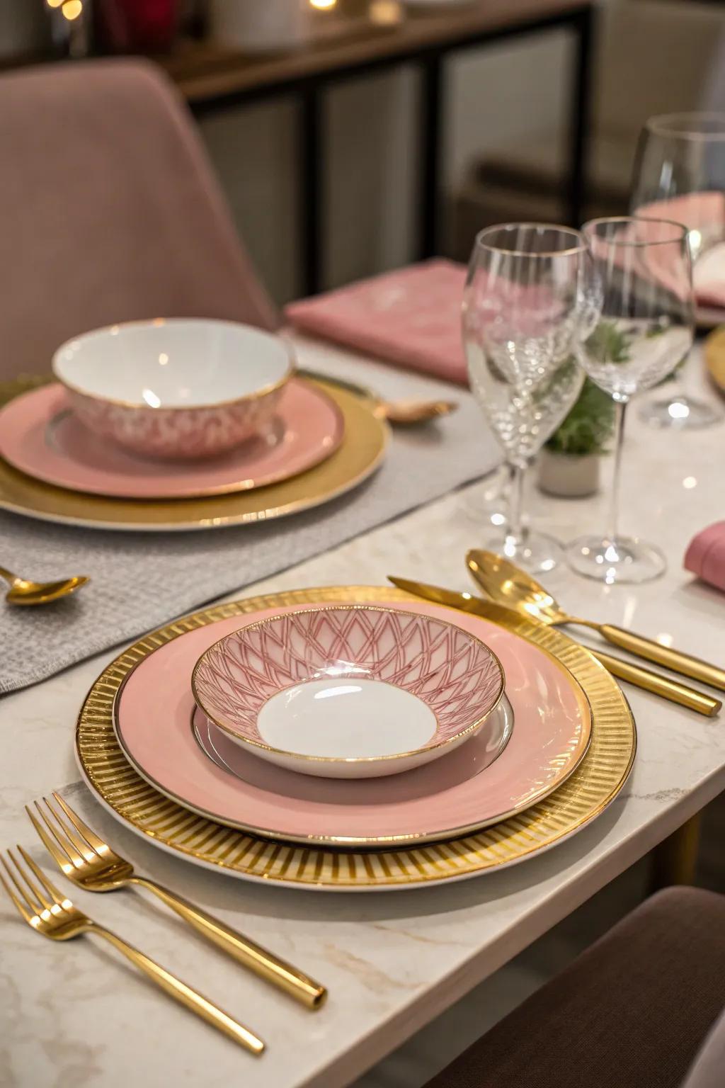 Elegant tableware in rose and gold introduces a touch of class to the celebration.