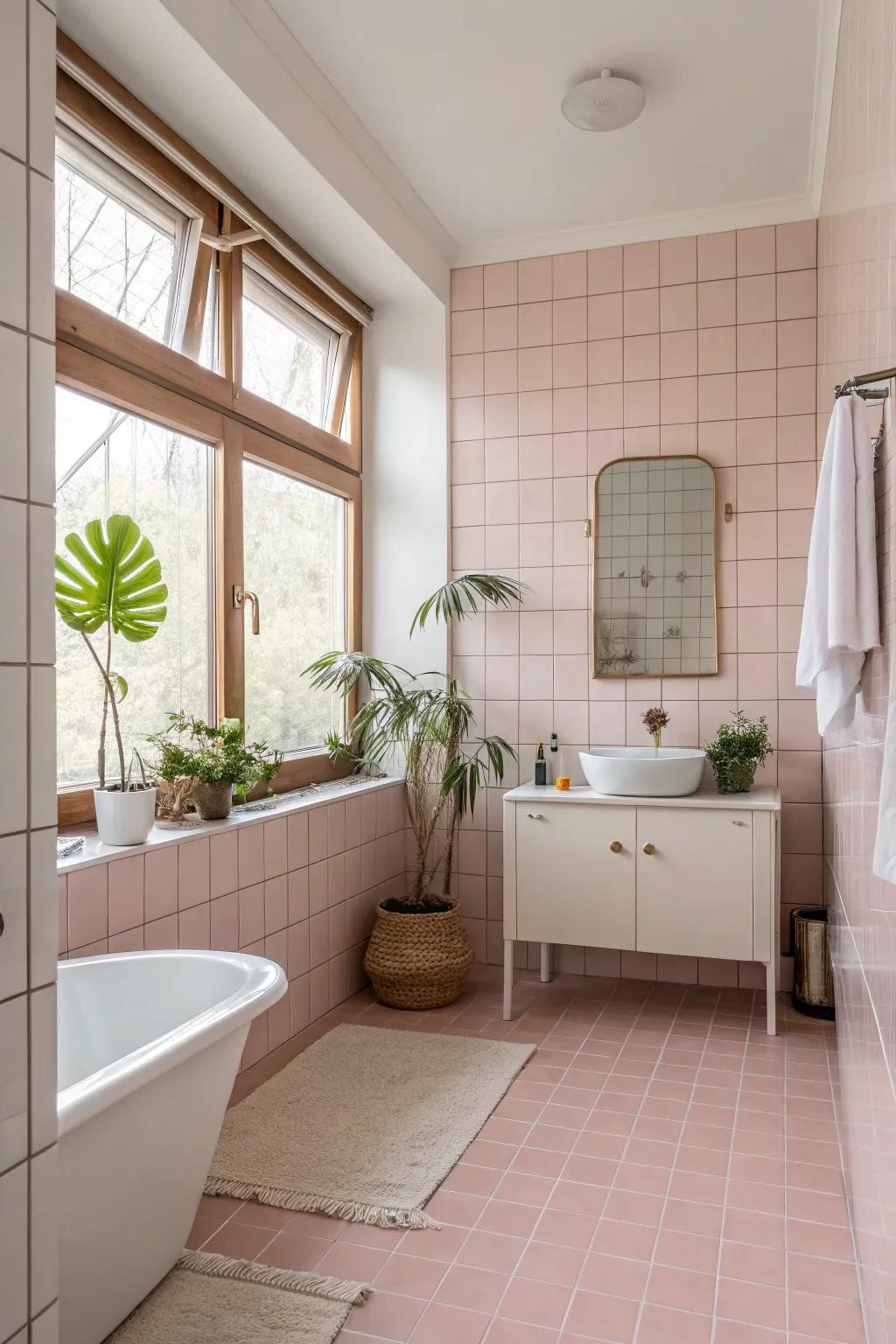 A peaceful bathroom with light pink tiles that feels like a spa.