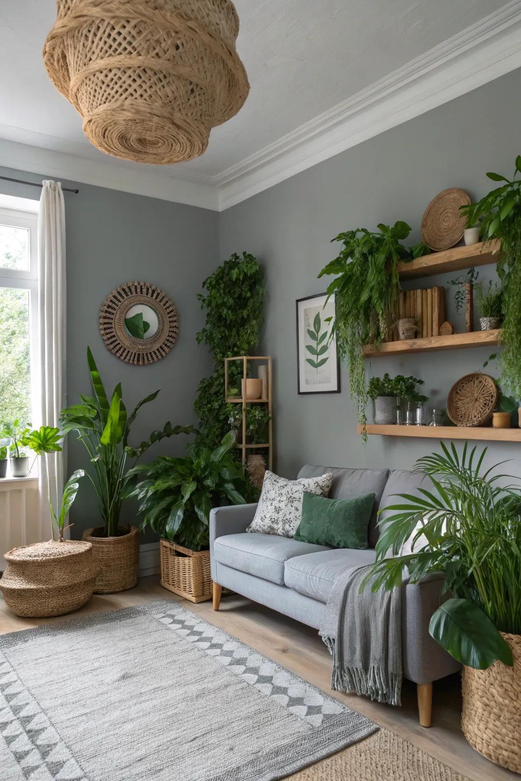 Botanical elements imparting a revitalizing touch to grey spaces.