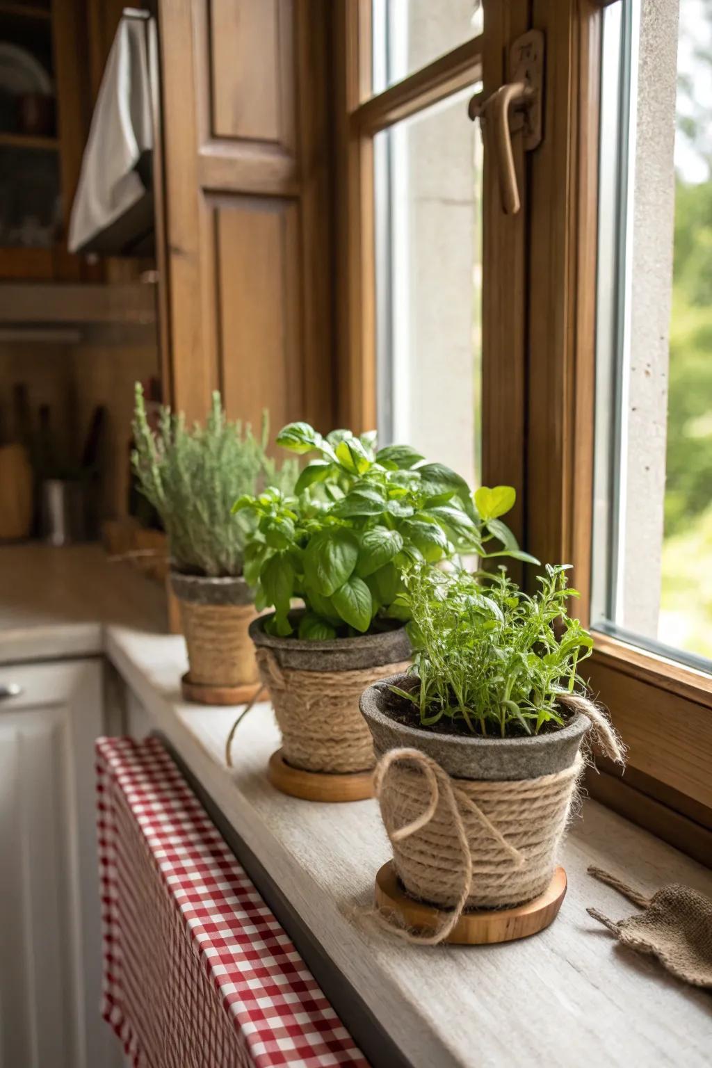 String coverings inject a rustic touch into every container.