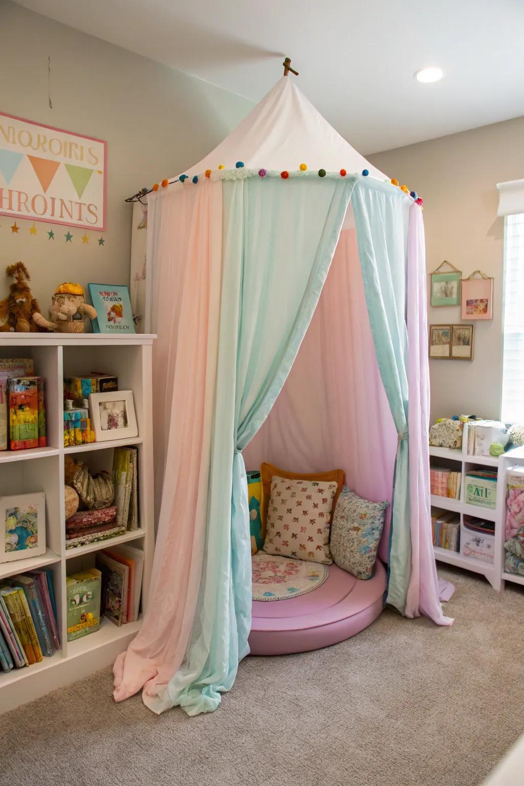 Canopy-style curtains evoke a magical fairy-tale atmosphere in the playroom.